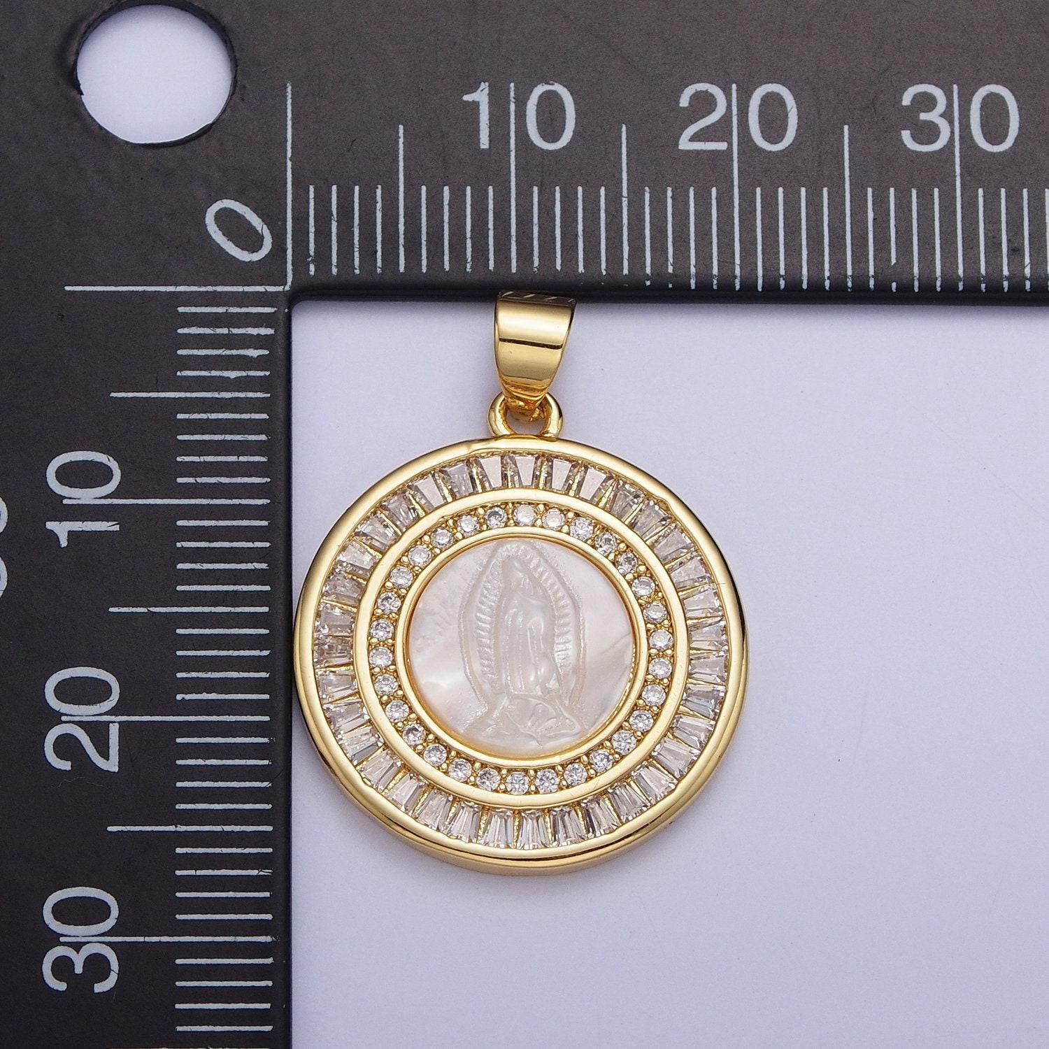 Virgin mary medallion pearl charms, 24k gold plated our lady of guadalupe pearl coin pendant w. micro pave cz baguette stones | x-507, x-508