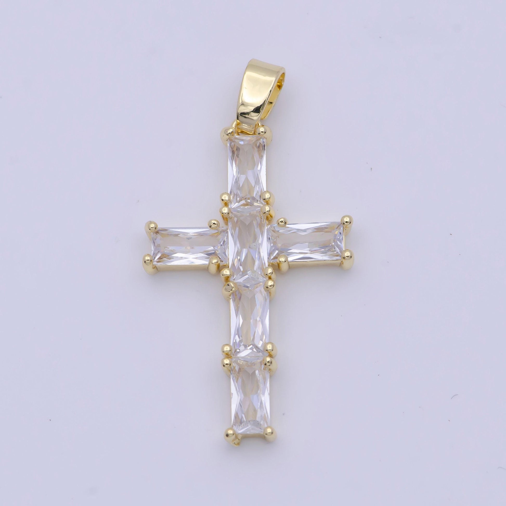 Clear & multicolored cz baguette cross pendant, 24k gold plated micro paved baguette cz cross religious charm | x-502, x-506