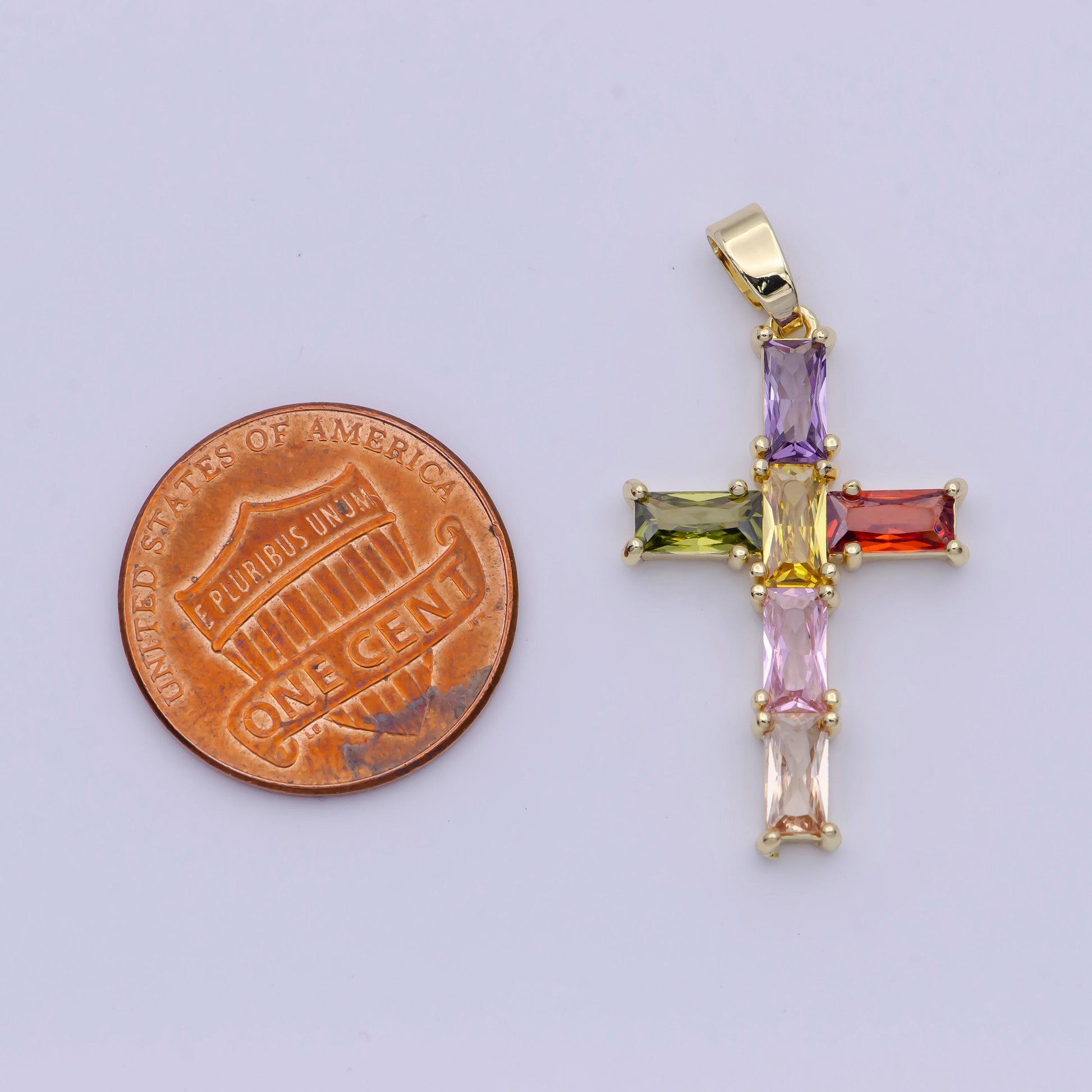 Clear & multicolored cz baguette cross pendant, 24k gold plated micro paved baguette cz cross religious charm | x-502, x-506
