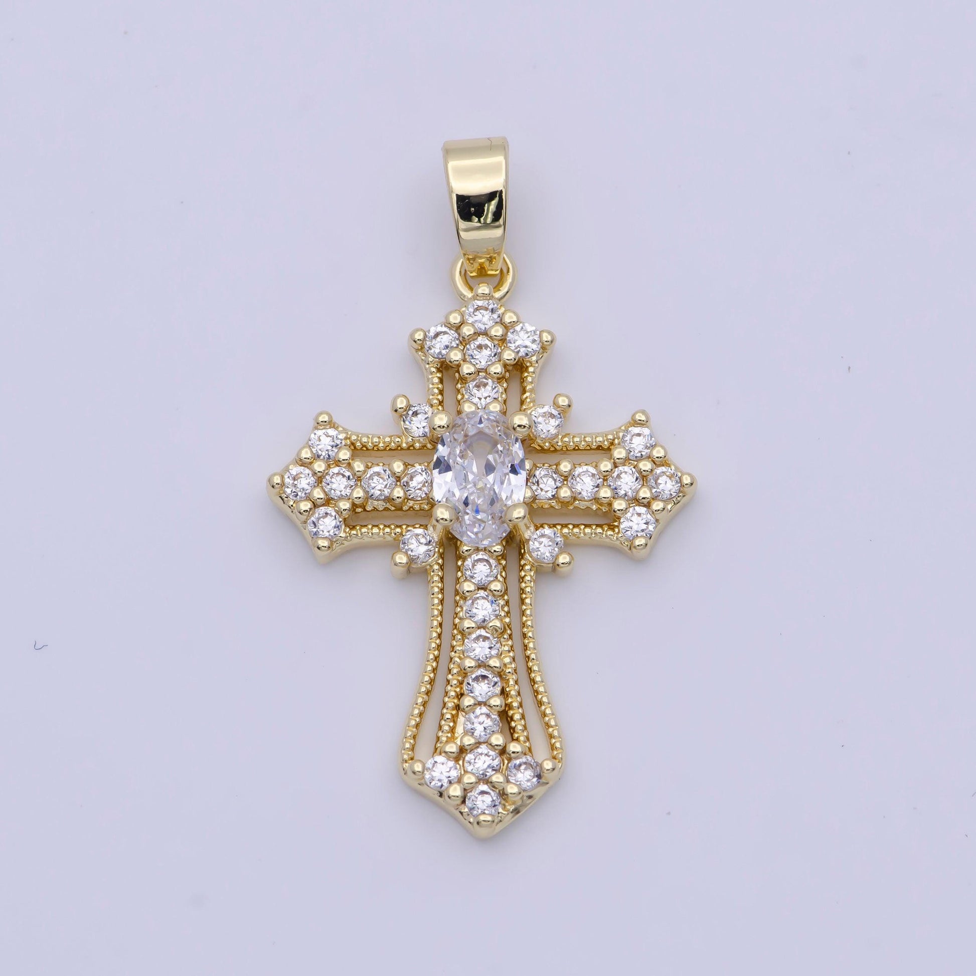 24k gold filled clear, multicolor micro paved oval cz passion cross religious pendant | x504 x505