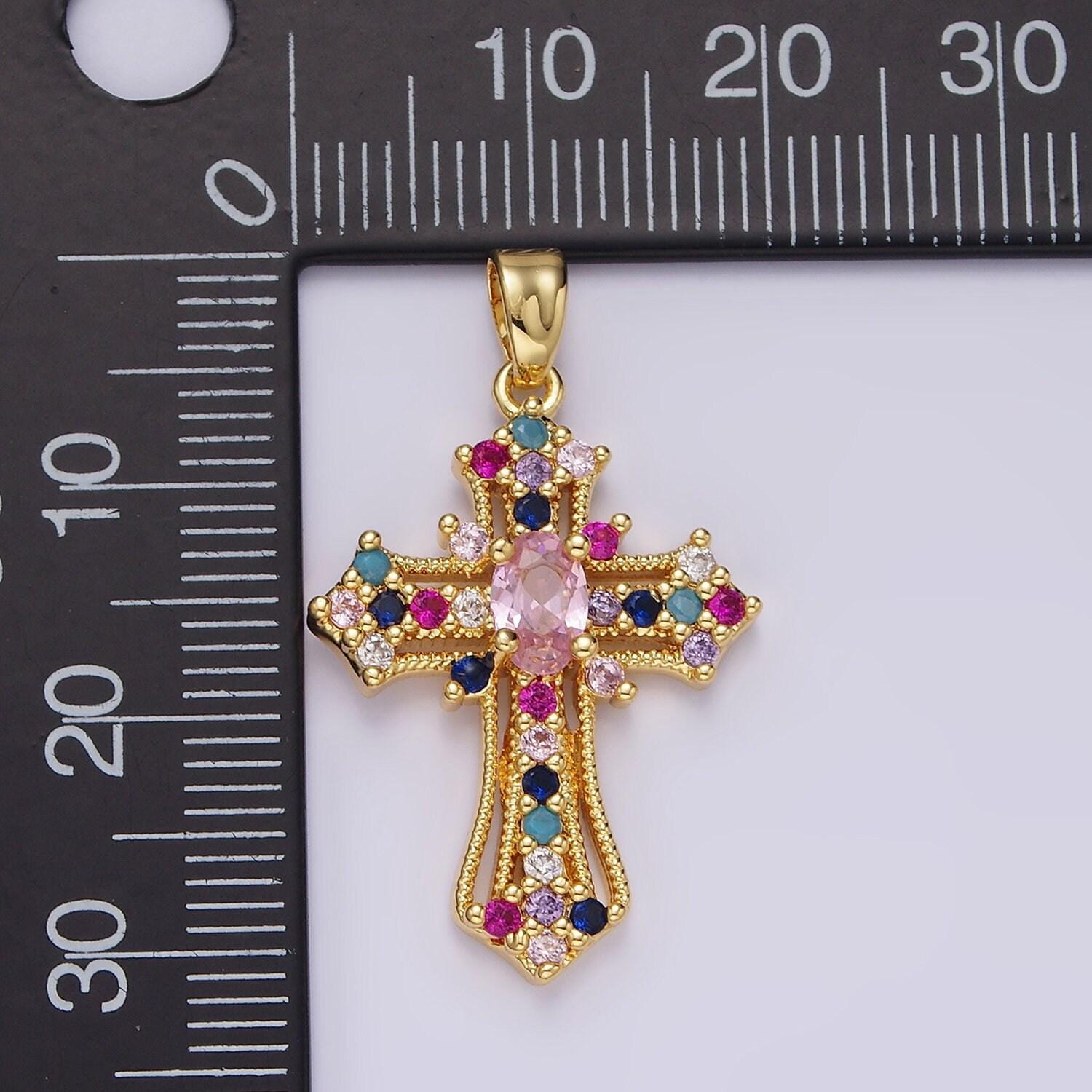 24k gold filled clear, multicolor micro paved oval cz passion cross religious pendant | x504 x505
