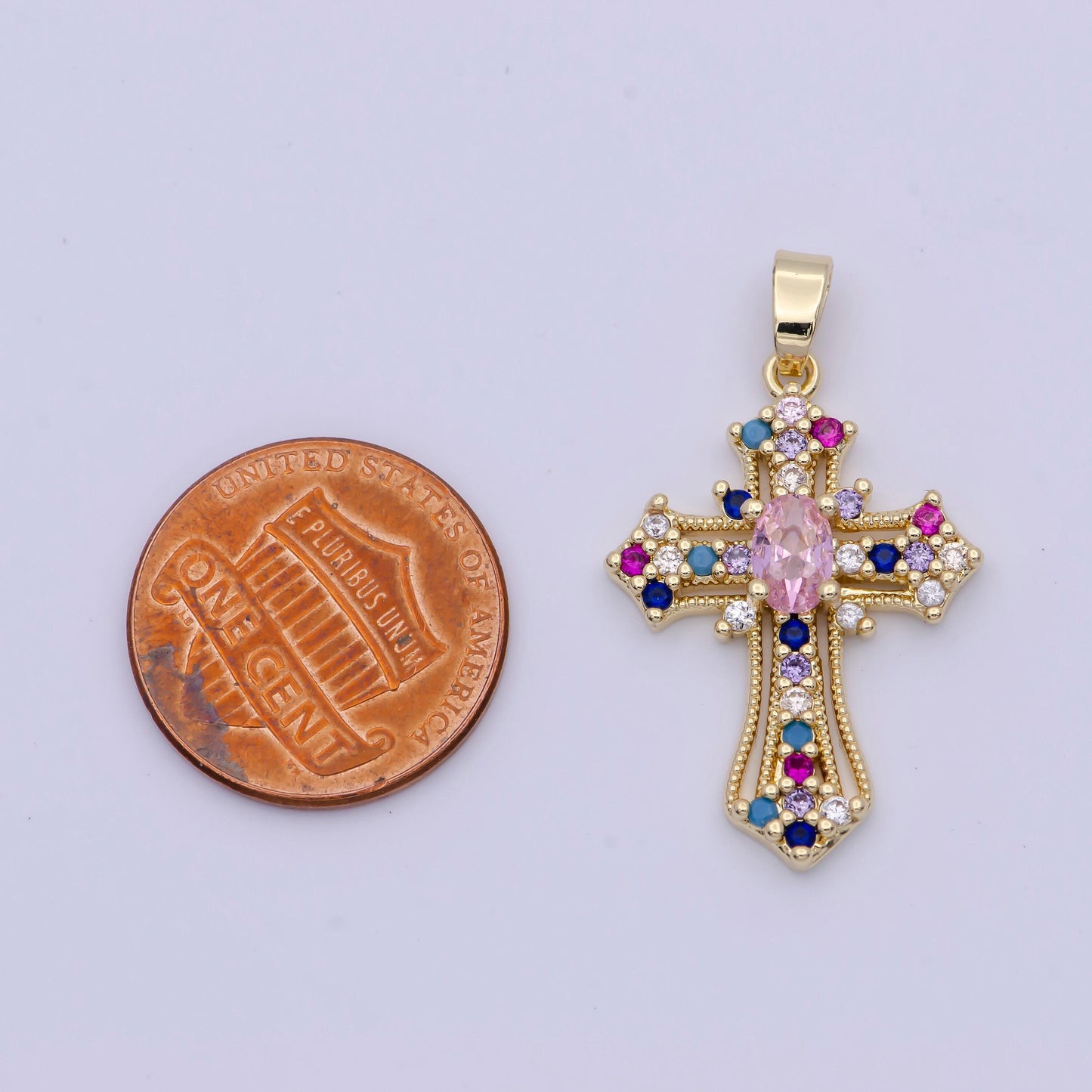 24k gold filled clear, multicolor micro paved oval cz passion cross religious pendant | x504 x505