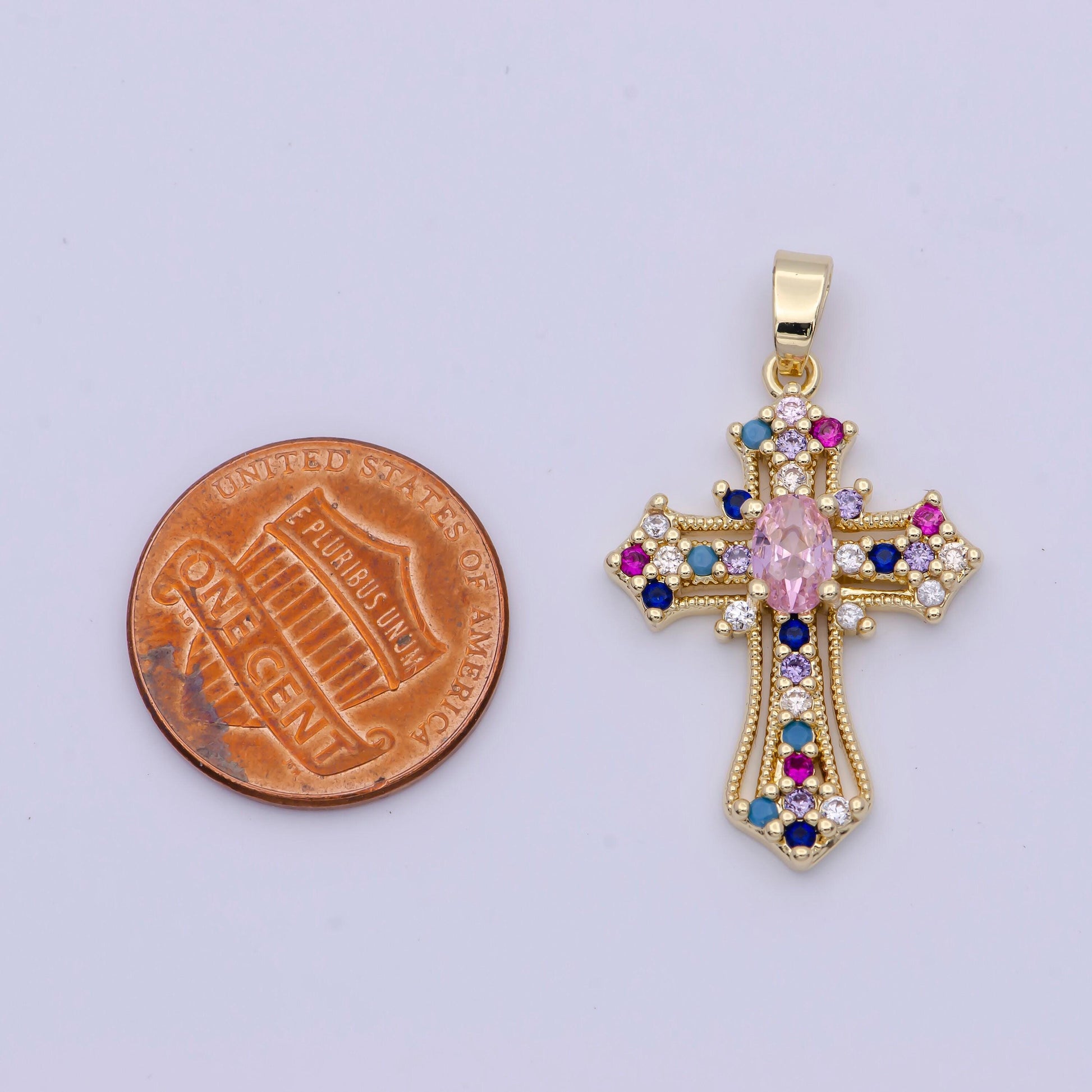 24k gold filled clear, multicolor micro paved oval cz passion cross religious pendant | x504 x505