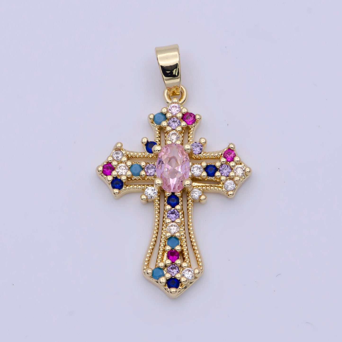 Royalty clear & colorful gold cz cross pendant, 24k gold plated micro paved cz royalty religious cross charm | x-504, x-505