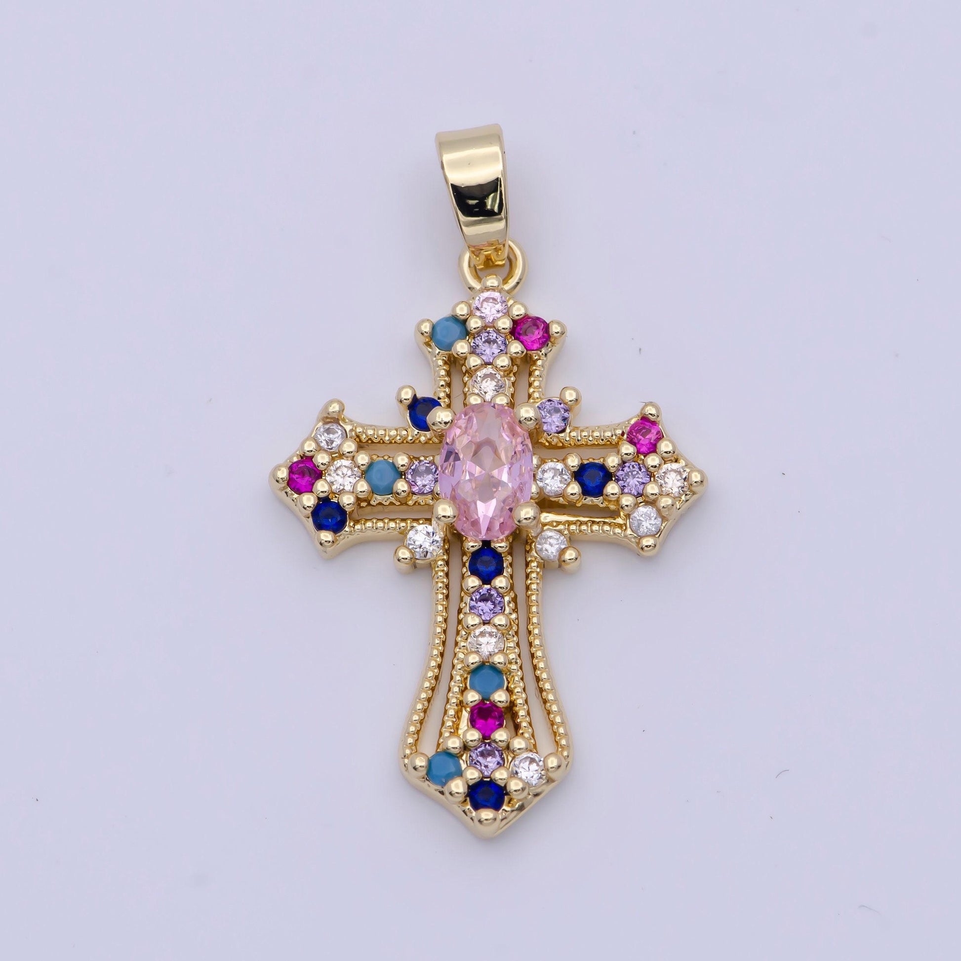 Royalty clear & colorful gold cz cross pendant, 24k gold plated micro paved cz royalty religious cross charm | x-504, x-505