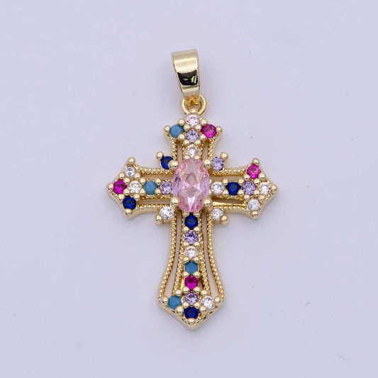 Royalty clear & colorful gold cz cross pendant, 24k gold plated micro paved cz royalty religious cross charm | x-504, x-505