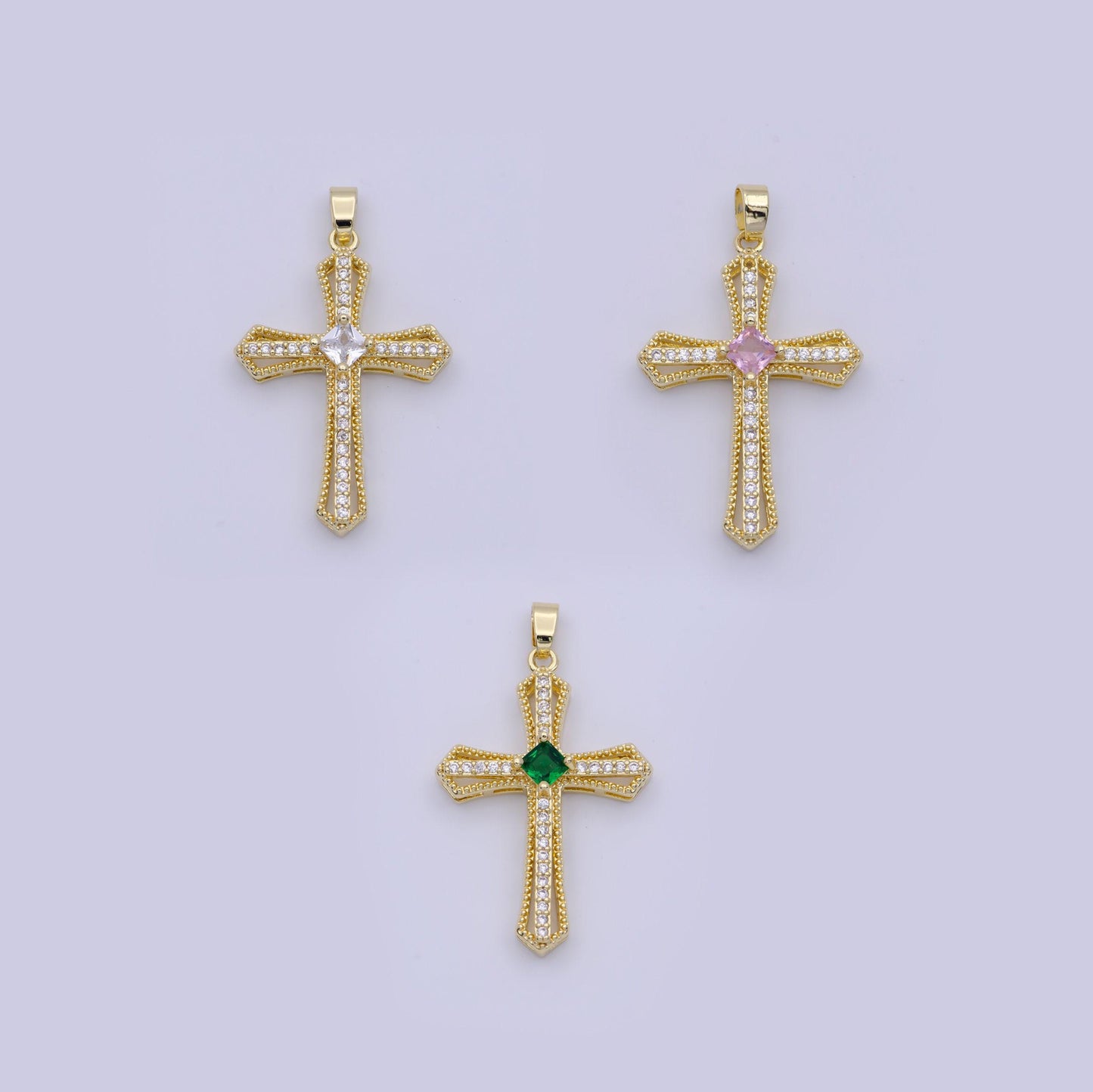 Gold multicolor cz cross pendant, 24k gold plated colored micro paved cubic zirconia cross religious charm | x-494~x-496