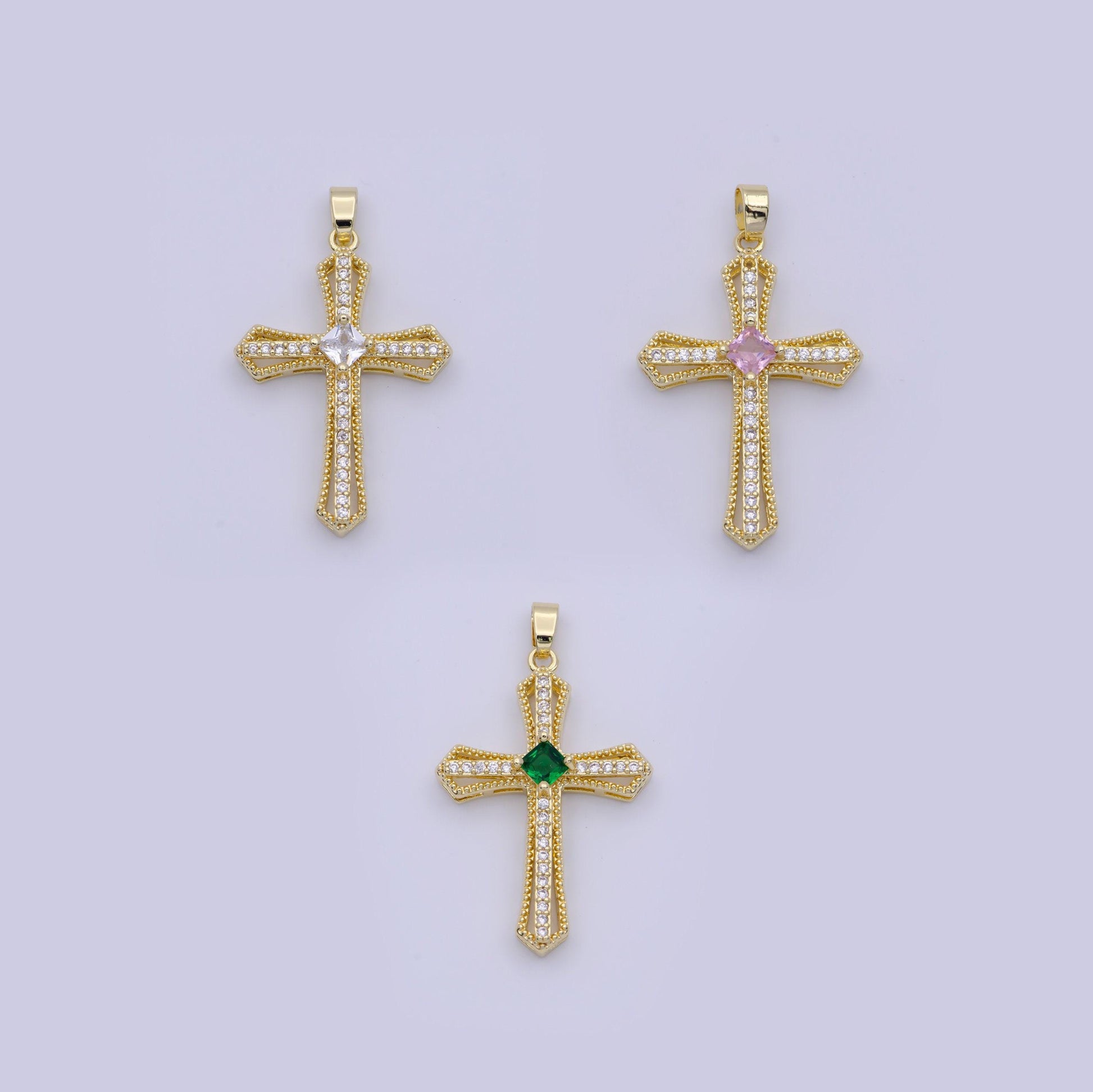 Gold multicolor cz cross pendant, 24k gold plated colored micro paved cubic zirconia cross religious charm | x-494~x-496