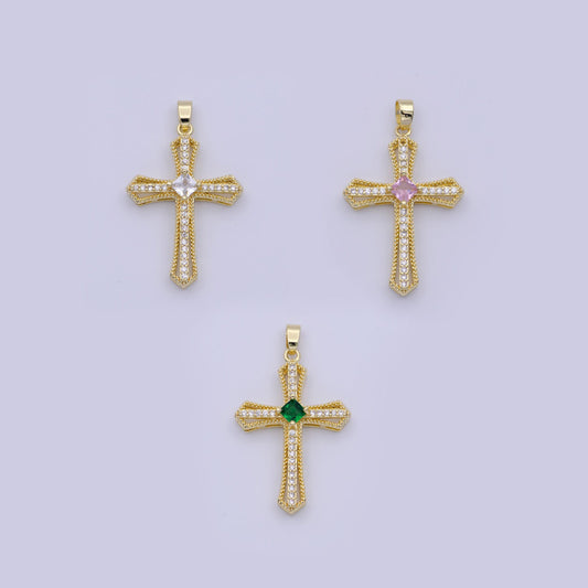 Gold multicolor cz cross pendant, 24k gold plated colored micro paved cubic zirconia cross religious charm | x-494~x-496