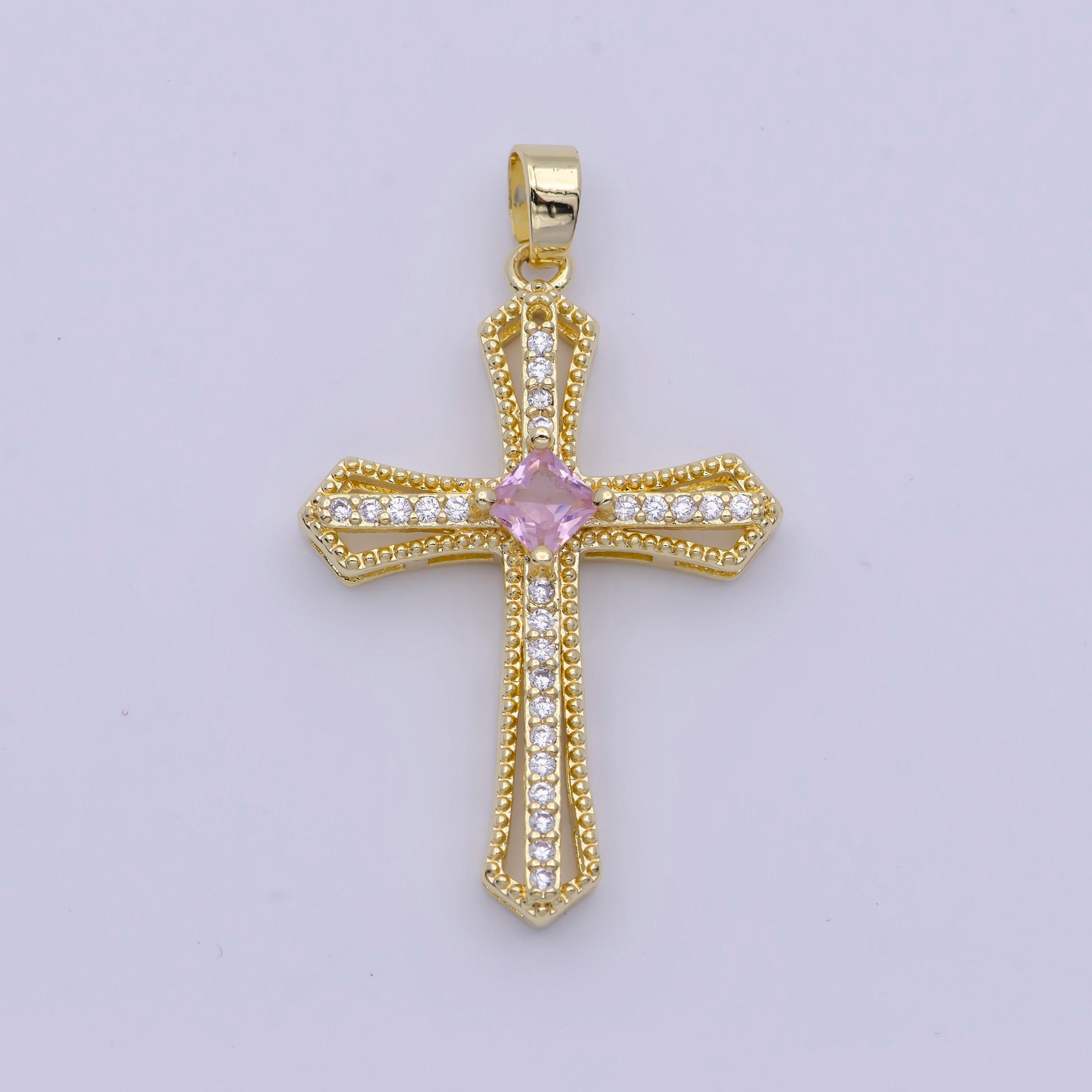 Gold multicolor cz cross pendant, 24k gold plated colored micro paved cubic zirconia cross religious charm | x-494~x-496