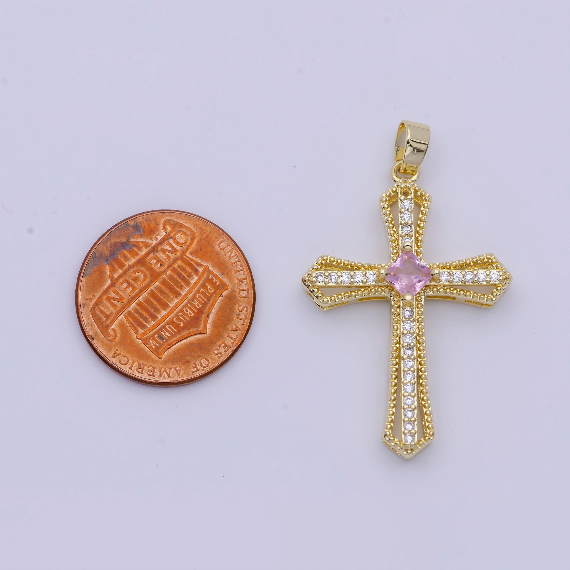Gold multicolor cz cross pendant, 24k gold plated colored micro paved cubic zirconia cross religious charm | x-494~x-496