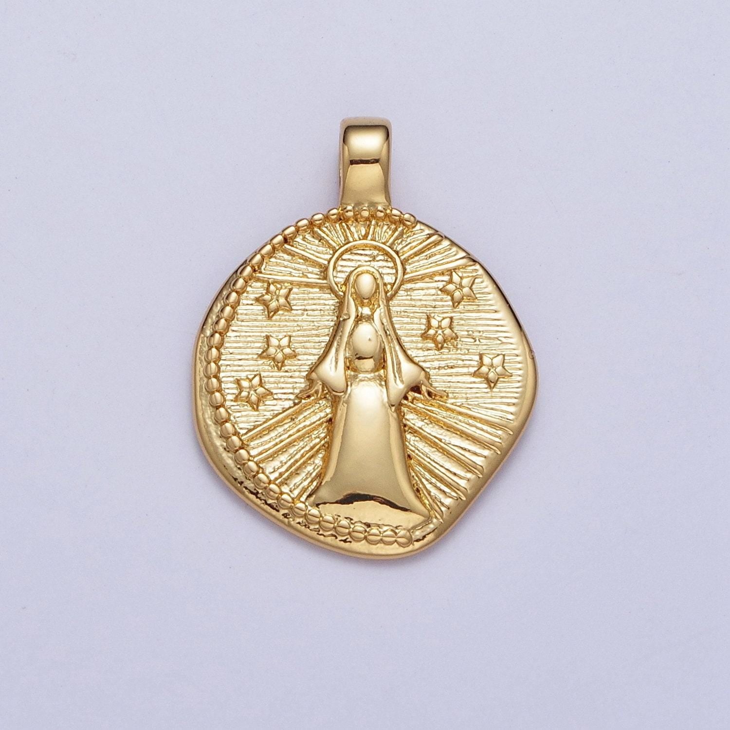 Our lady of guadalupe coin medallion pendant, 24k gold filled pregnant virgin mary sunburst celestial stars coin charm | x-488