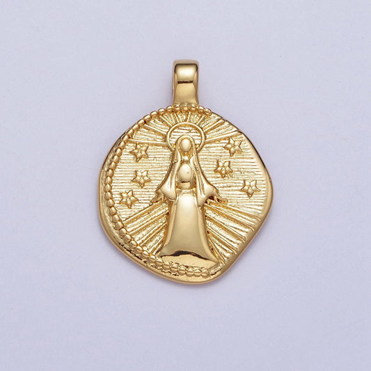 Our lady of guadalupe coin medallion pendant, 24k gold filled pregnant virgin mary sunburst celestial stars coin charm | x-488