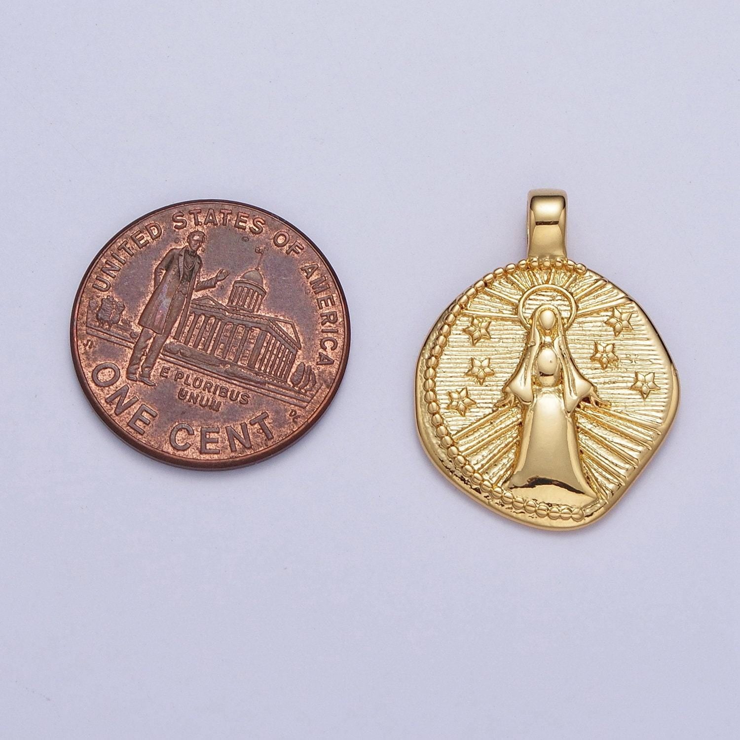 Our lady of guadalupe coin medallion pendant, 24k gold filled pregnant virgin mary sunburst celestial stars coin charm | x-488