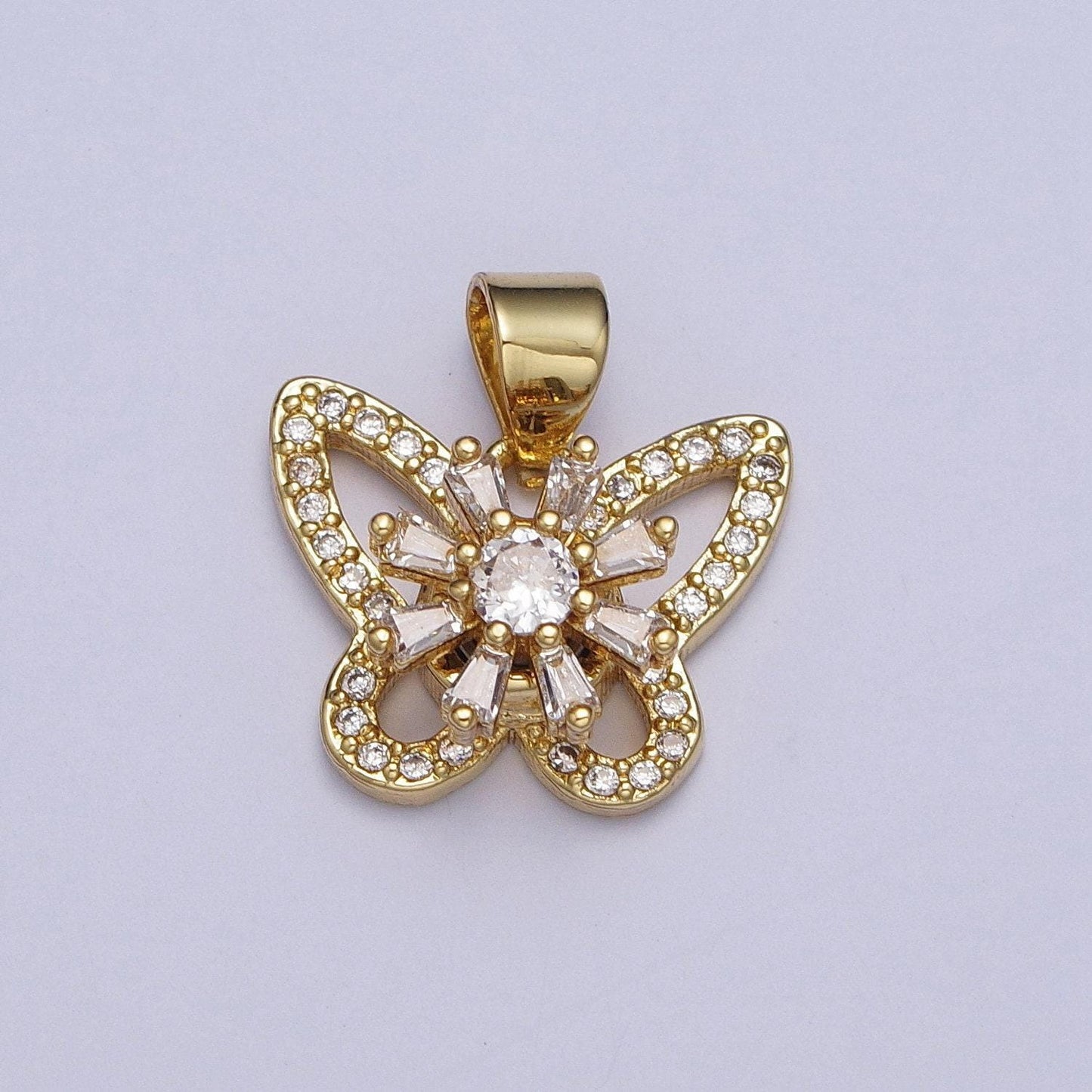 Dainty gold butterfly pendant with clear micro pave cz baguette stone, 24k gold plated clear cz crystals mariposa charm | x-474