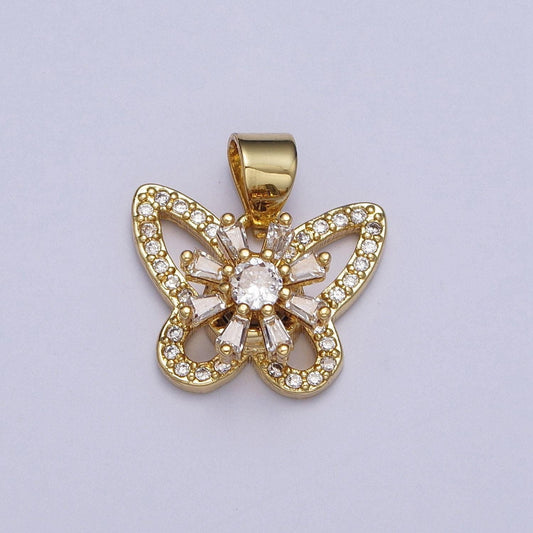 Dainty gold butterfly pendant with clear micro pave cz baguette stone, 24k gold plated clear cz crystals mariposa charm | x-474