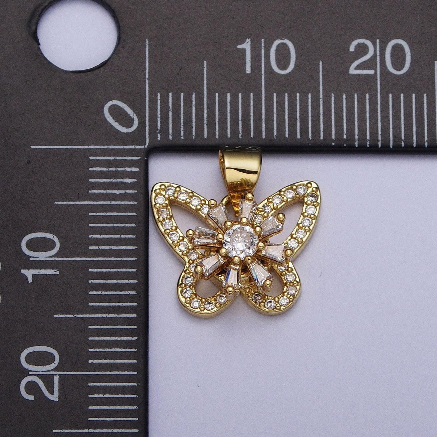 Dainty gold butterfly pendant with clear micro pave cz baguette stone, 24k gold plated clear cz crystals mariposa charm | x-474
