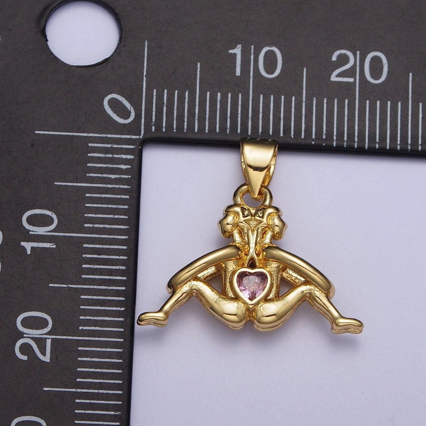 Gold back-to-back couple soulmate pendant, micro pave pink cz love heart center, 24k gold plated eternal love couple charm | x-473