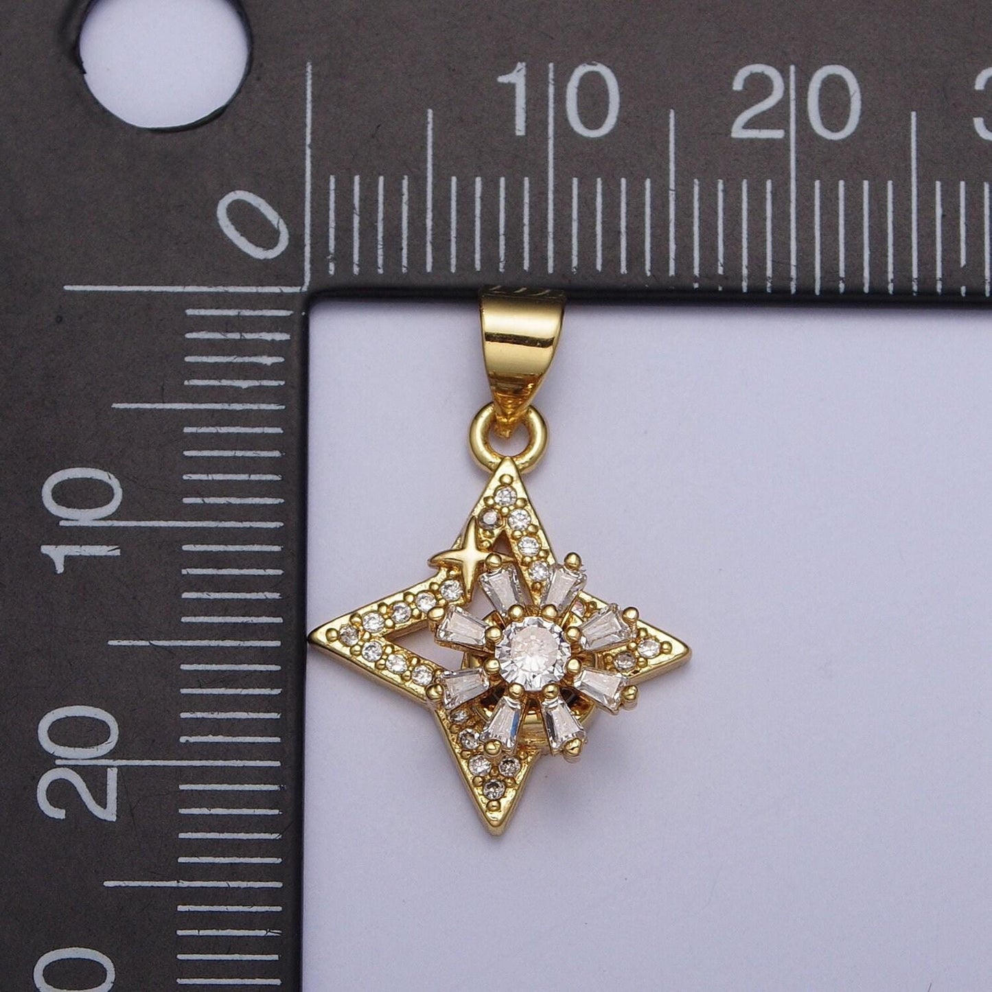 Dainty micro cz baguette paved north star pendant, 24k gold plated mini cz paved small celestial charm diy charm component | x-472