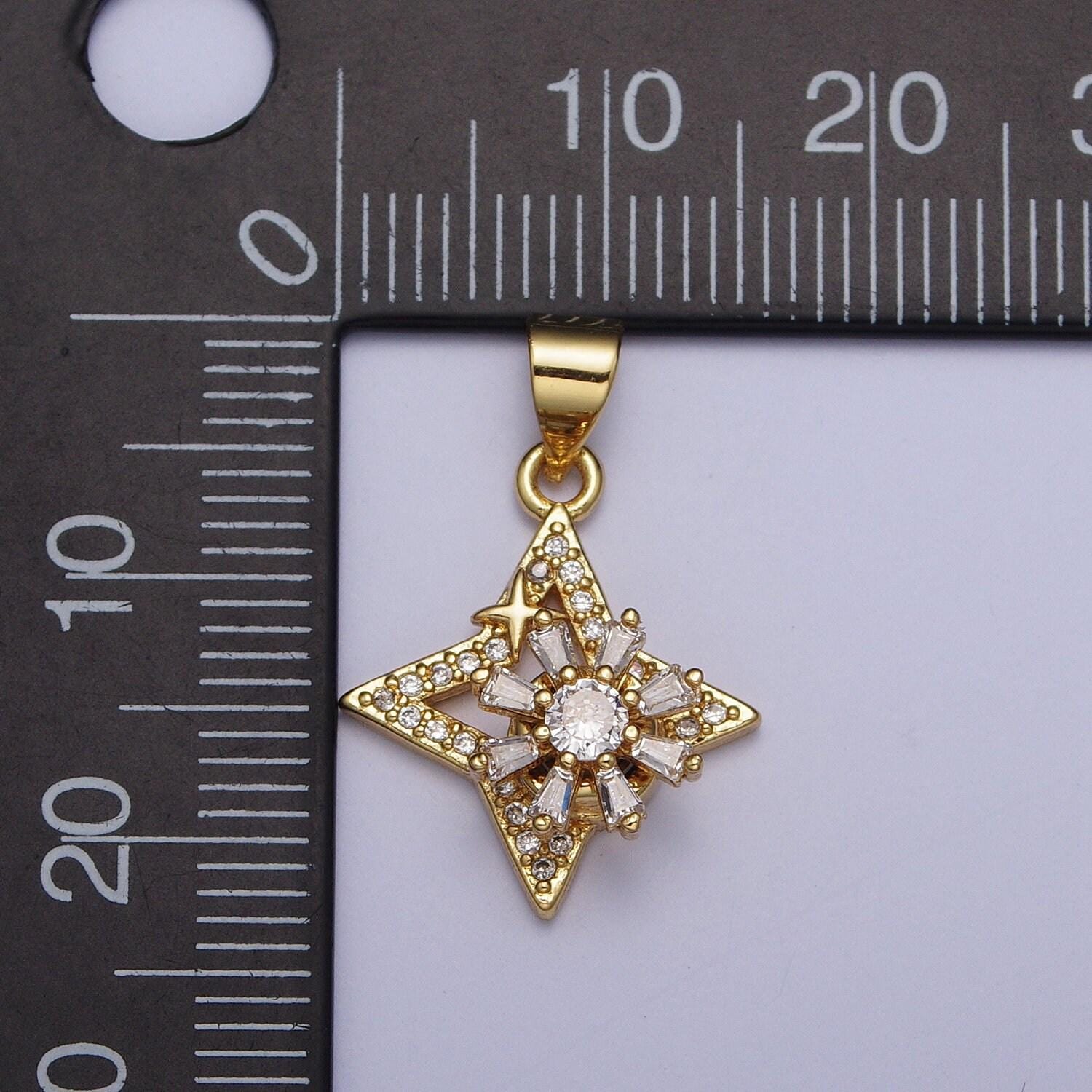 Dainty micro cz baguette paved north star pendant, 24k gold plated mini cz paved small celestial charm diy charm component | x-472