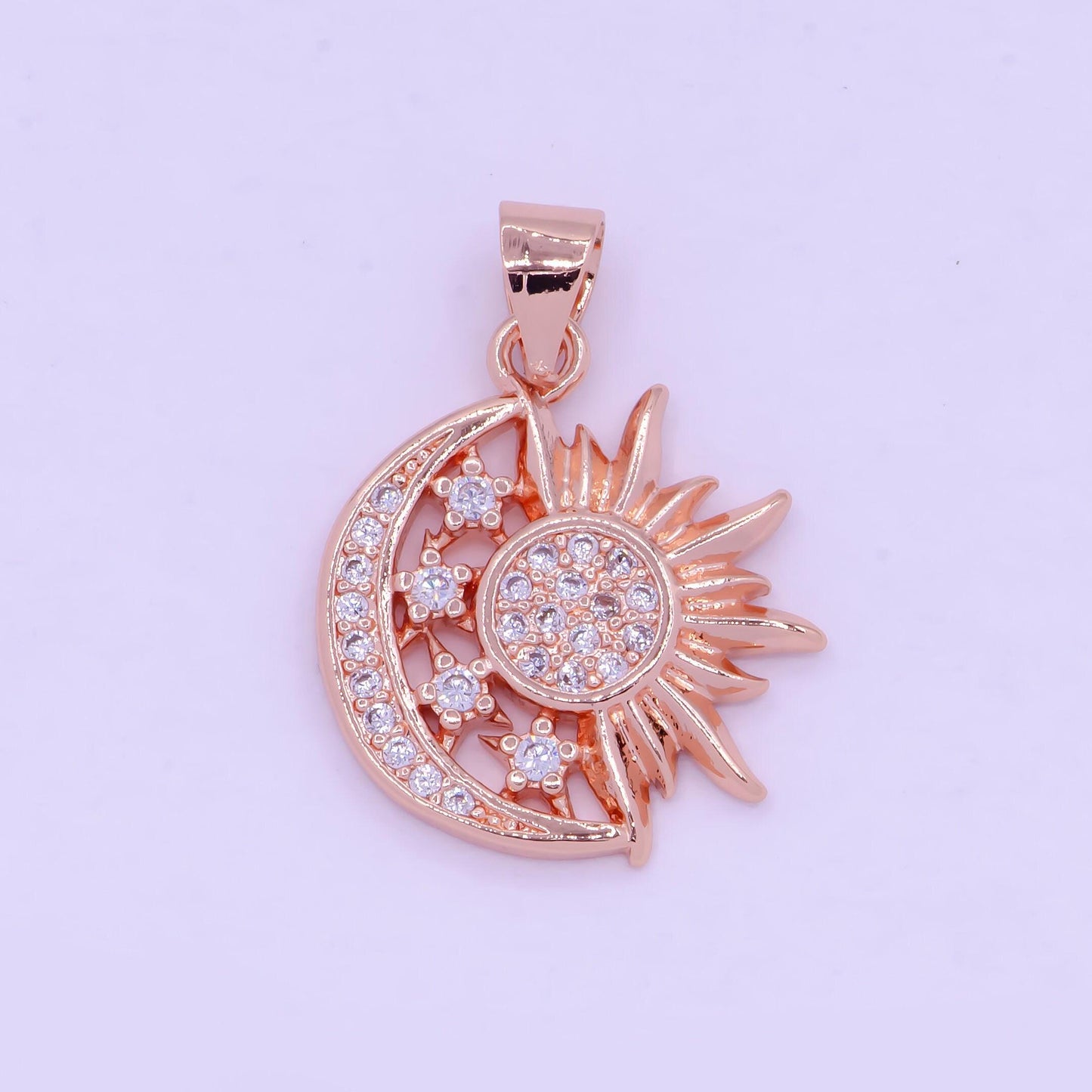 Sun, moon, and stars pendant, 24k gold filled and deep rose gold micro pave cz celestial sunshine crescent moon charm | i-912, x-457