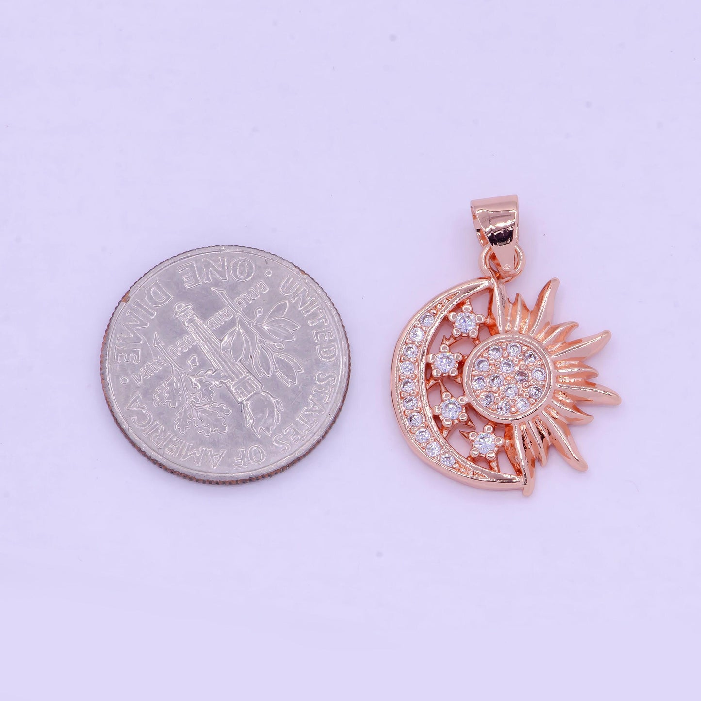 Sun, moon, and stars pendant, 24k gold filled and deep rose gold micro pave cz celestial sunshine crescent moon charm | i-912, x-457