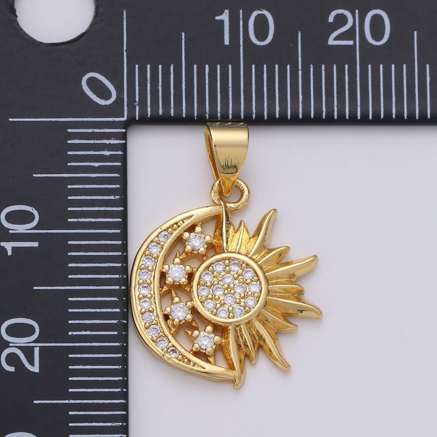 Sun, moon, and stars pendant, 24k gold filled and deep rose gold micro pave cz celestial sunshine crescent moon charm | i-912, x-457