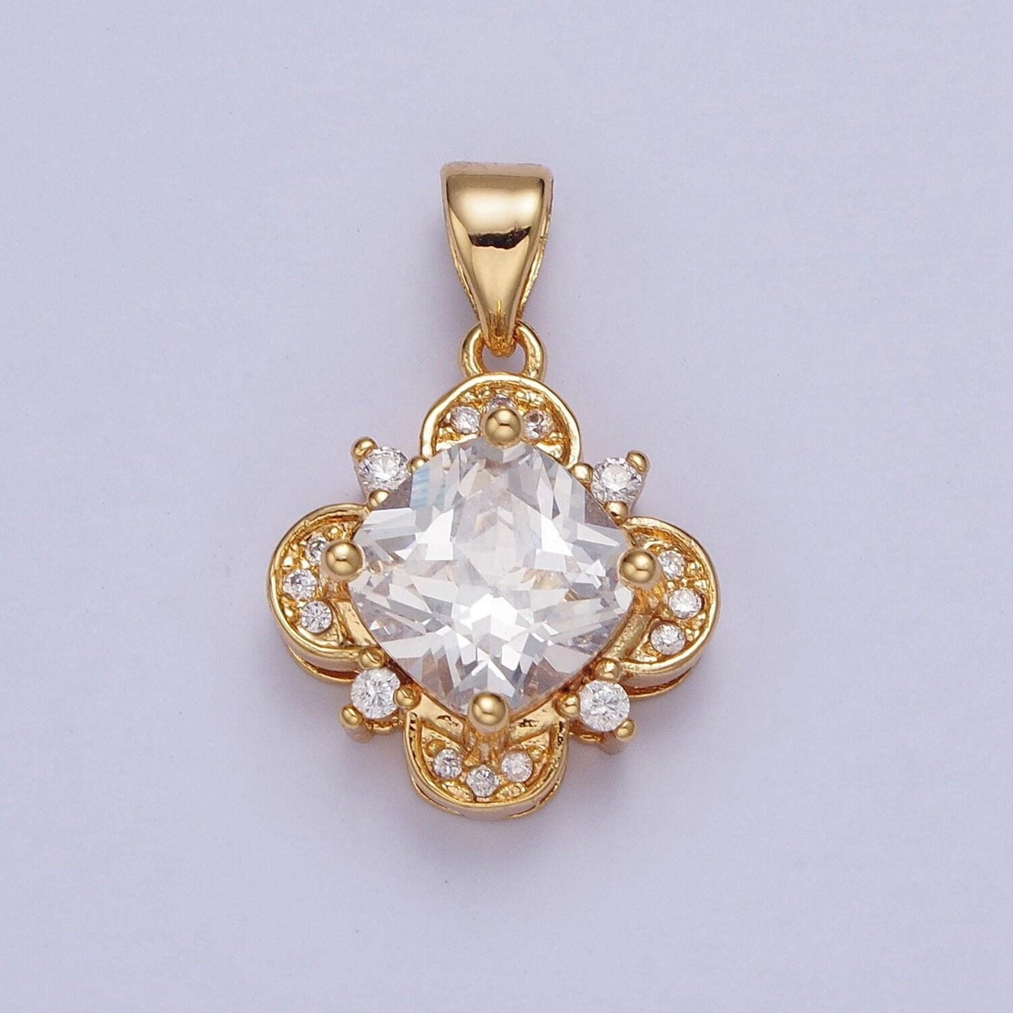 24k gold filled cz four-leaf flower clover pendant for necklace bracelet supply, diamond flower emblem pendant | x-450