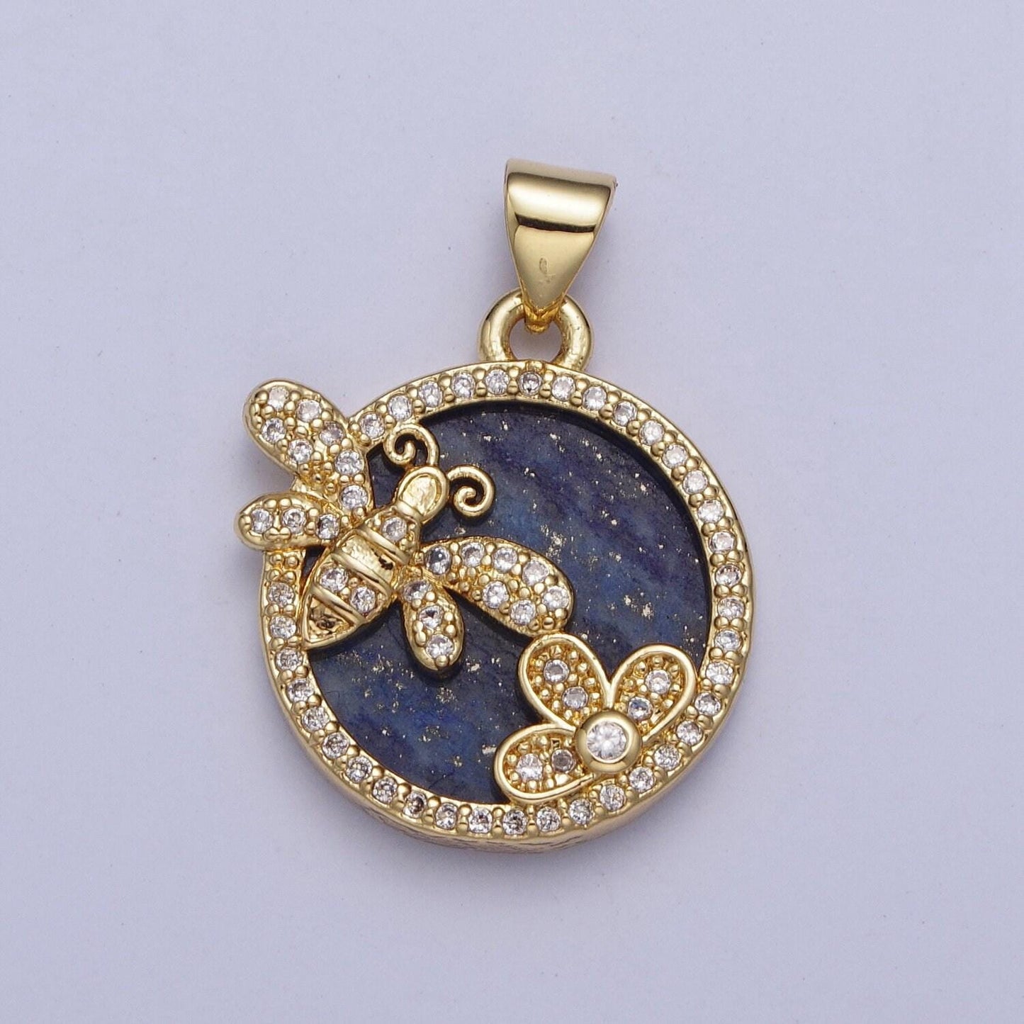 Gold blue lapiz butterfly flower coin medallion pendant, 24k gold filled round micro pave cz spring summer floral charm for jewelry | x-433