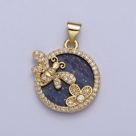 Gold blue lapiz butterfly flower coin medallion pendant, 24k gold filled round micro pave cz spring summer floral charm for jewelry | x-433