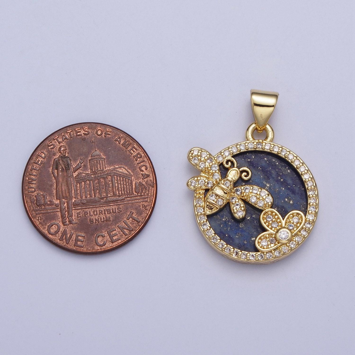 Gold blue lapiz butterfly flower coin medallion pendant, 24k gold filled round micro pave cz spring summer floral charm for jewelry | x-433