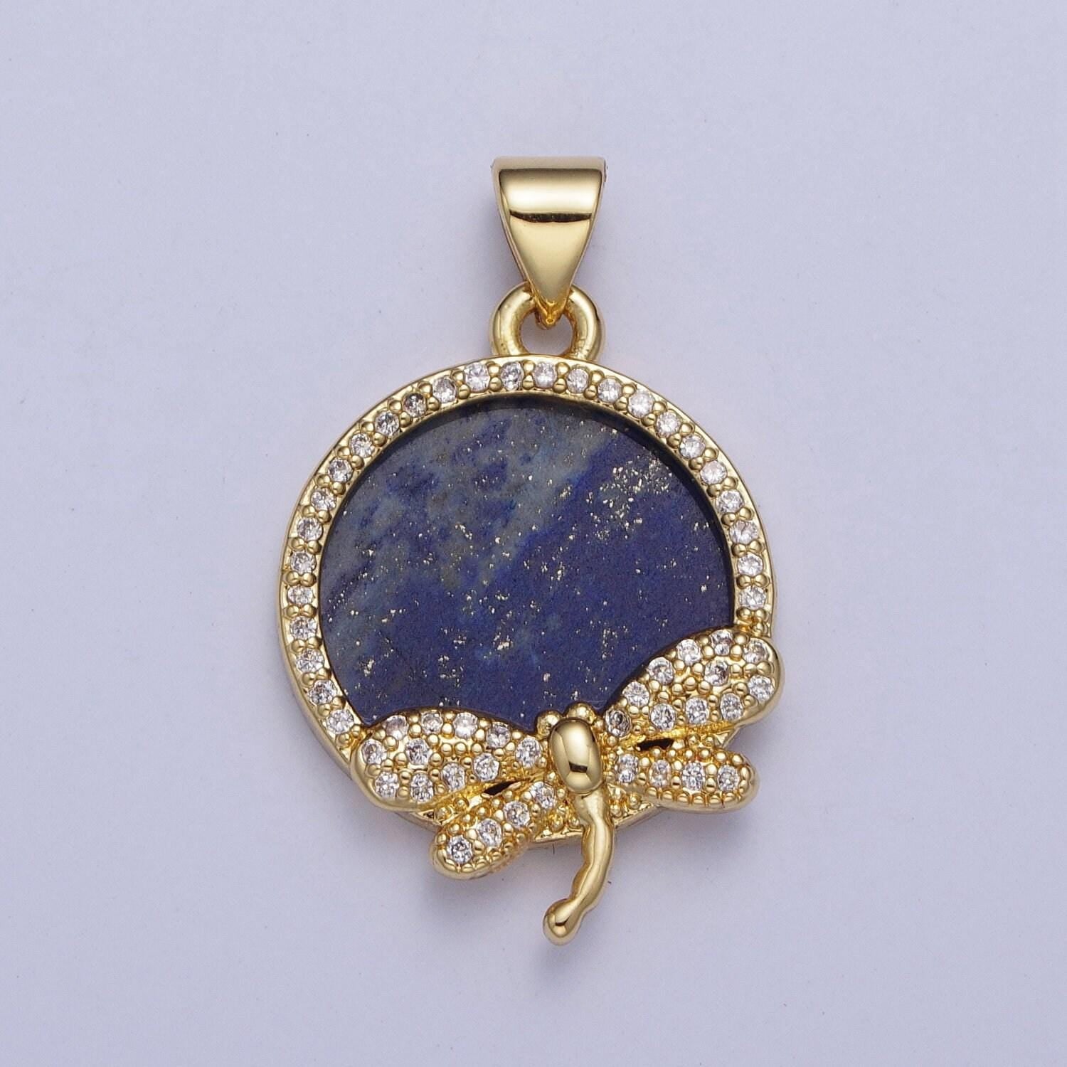 Gold blue lapiz dragonfly coin medallion pendant, 24k gold filled round micro pave cz dragon fly insect charm for jewelry | x-432