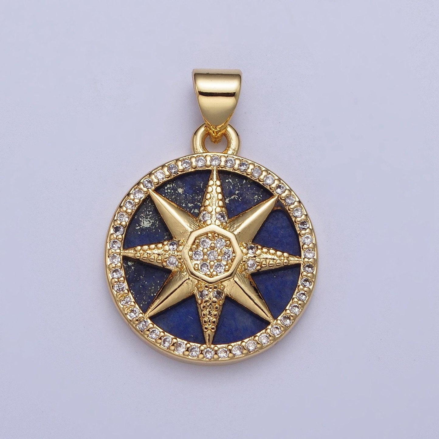 Gold blue lapiz north star coin medallion pendant, 24k gold filled round micro pave cz nautical galaxy charm for jewelry | x-431