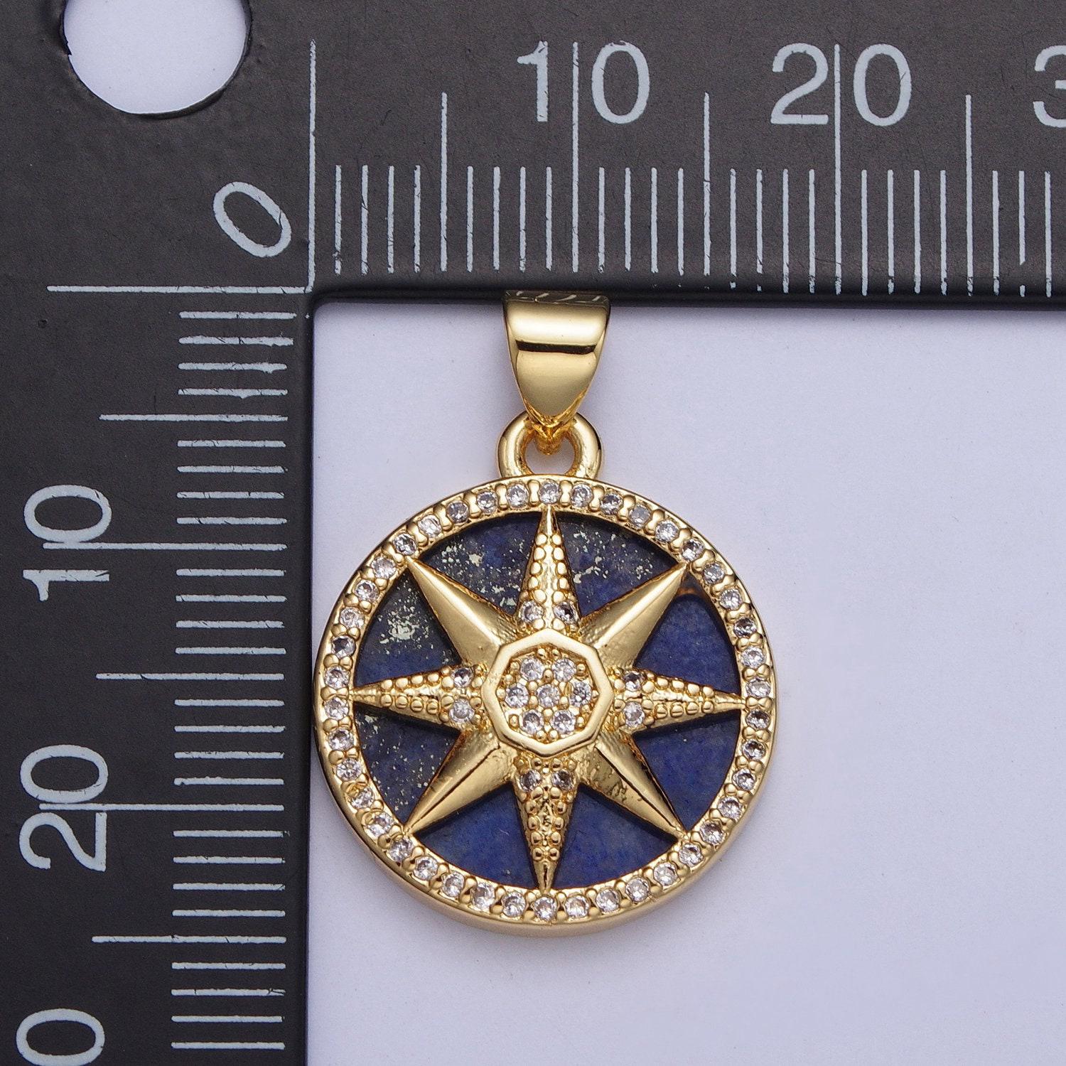 Gold blue lapiz north star coin medallion pendant, 24k gold filled round micro pave cz nautical galaxy charm for jewelry | x-431