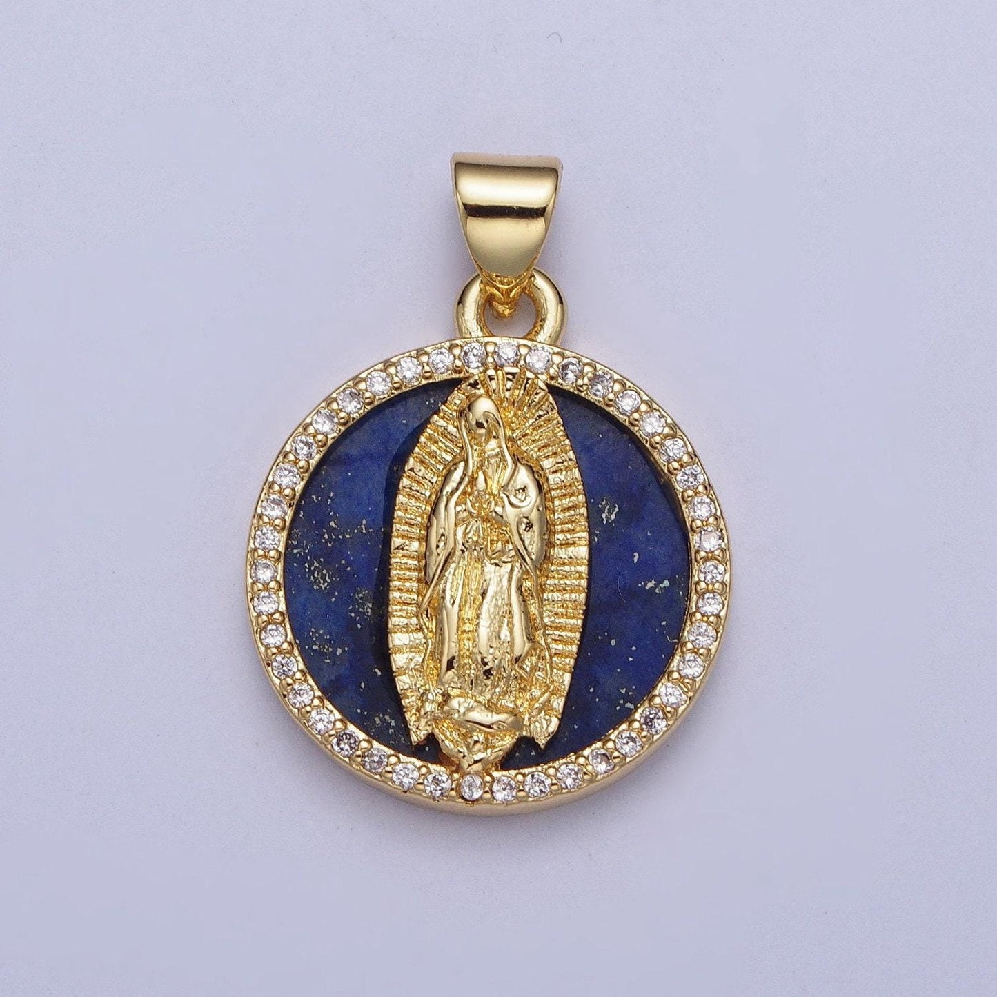 Gold blue lapiz virgin mary coin medallion pendant, 24k gold filled round micro pave cz our lady of guadalupe charm for jewelry | x-430