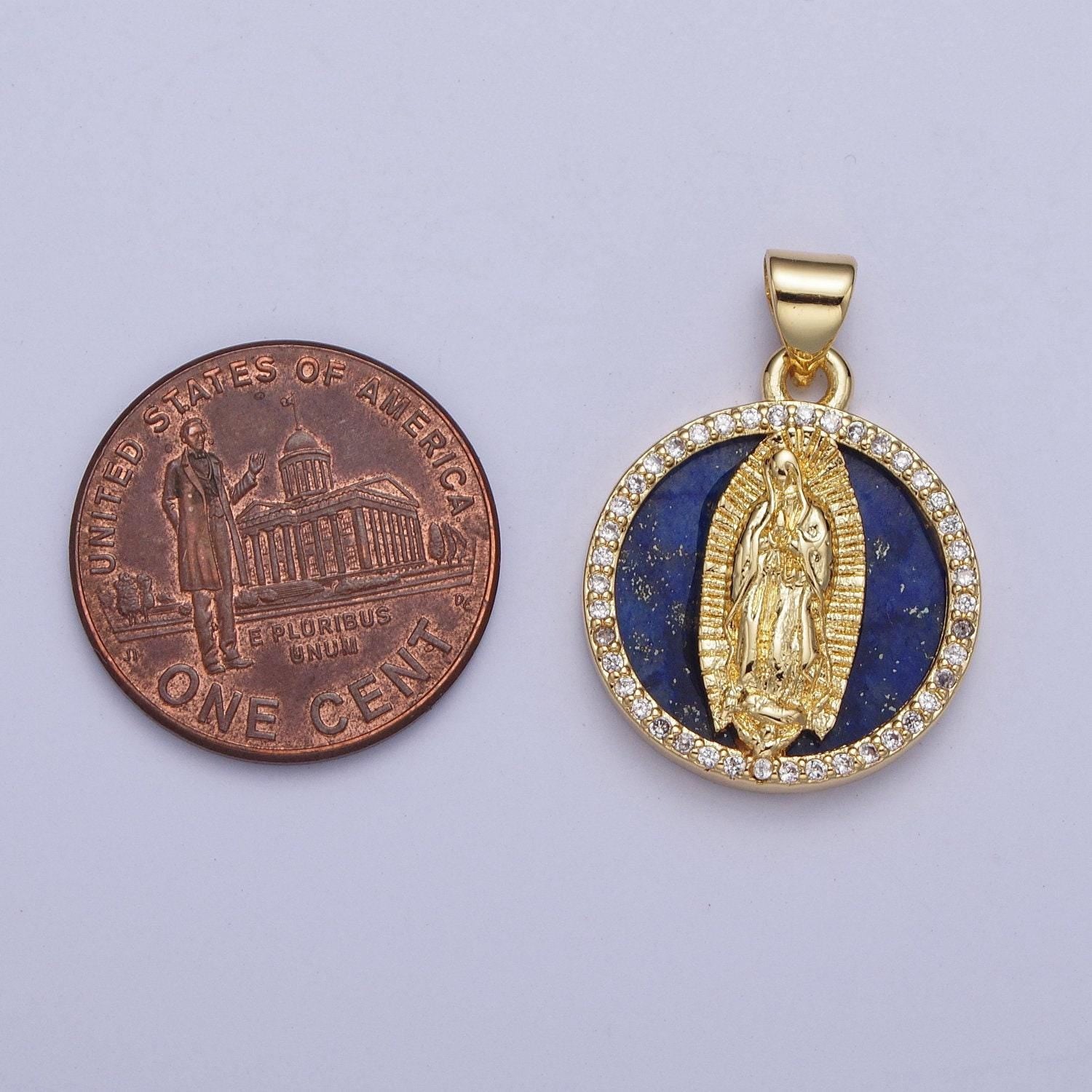 Gold blue lapiz virgin mary coin medallion pendant, 24k gold filled round micro pave cz our lady of guadalupe charm for jewelry | x-430