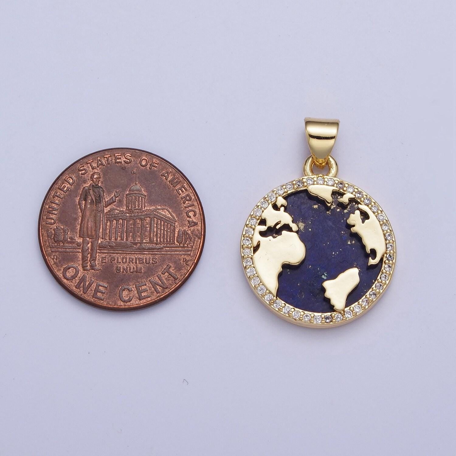 Gold blue lapiz world map coin medallion pendant, 24k gold filled round micro pave cz globe charm for jewelry making | x-426
