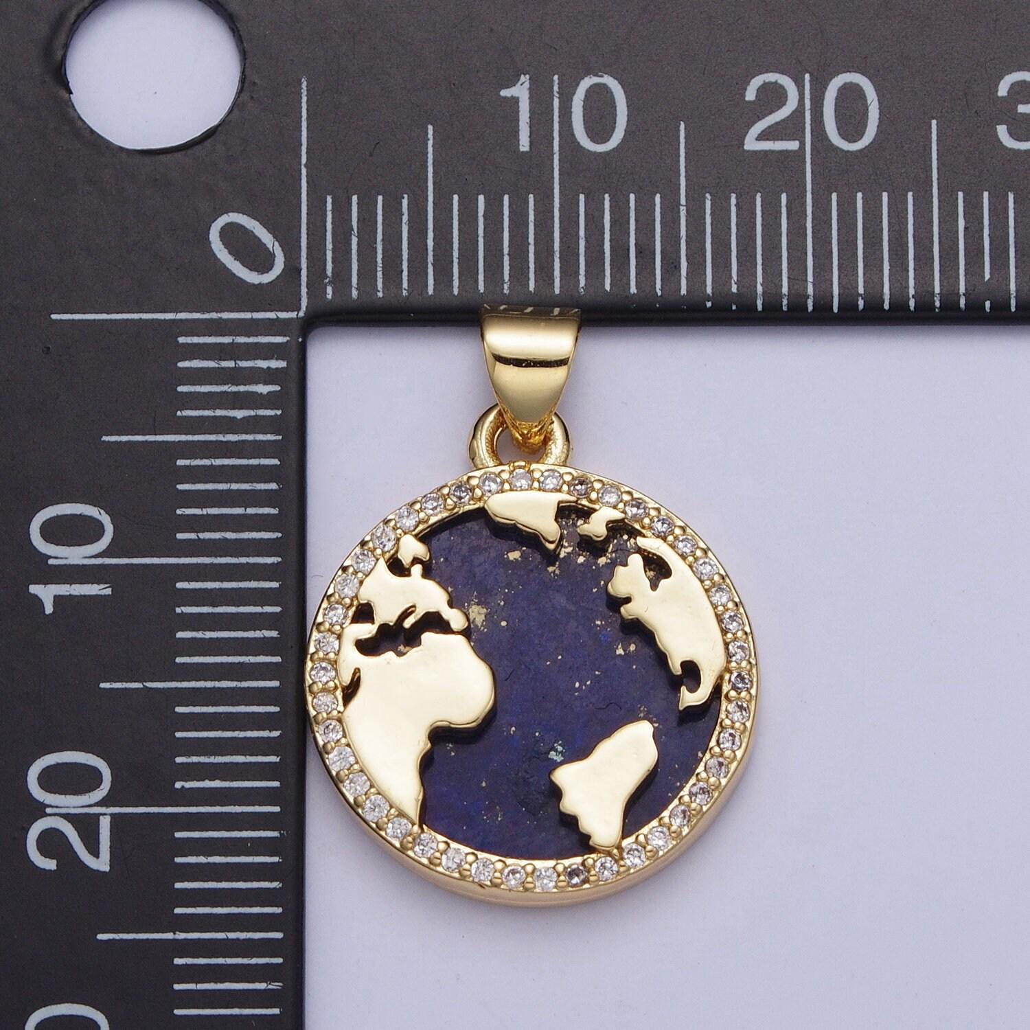 Gold blue lapiz world map coin medallion pendant, 24k gold filled round micro pave cz globe charm for jewelry making | x-426