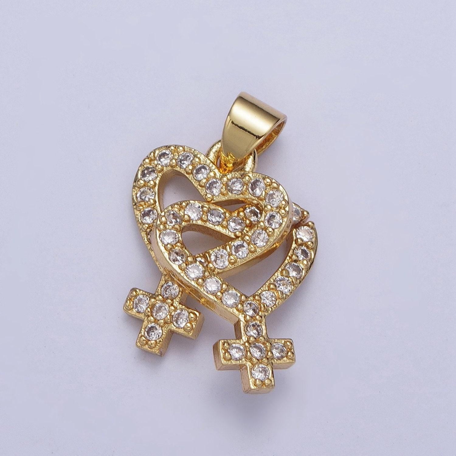 Micro pave love heart lesbian charm 24k gold filled heart-shaped lesbian jewelry, pride necklace bracelet pendant lesbian couple | x-424
