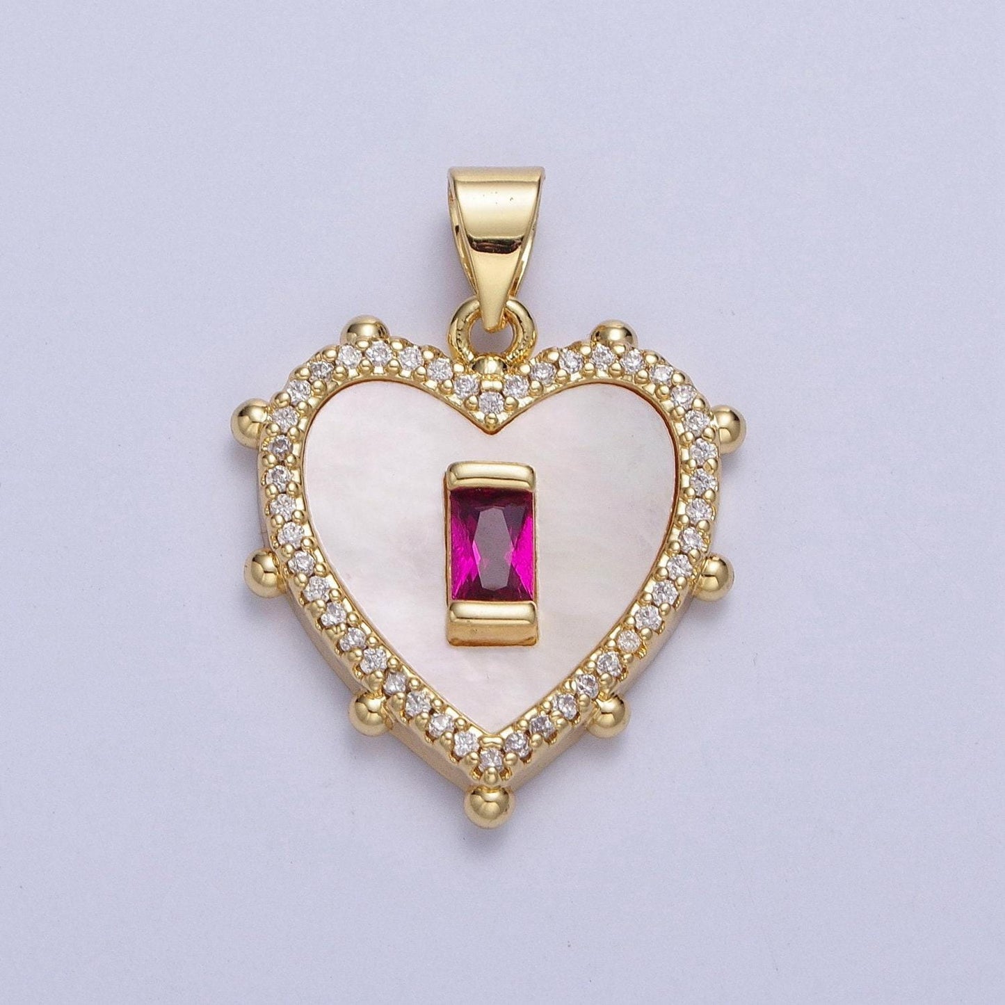 24k gold plated mini heart w. colored baguette cz pendant, love heart micro pave cubic zirconia cz stone beaded edges charm | x-415~x-418