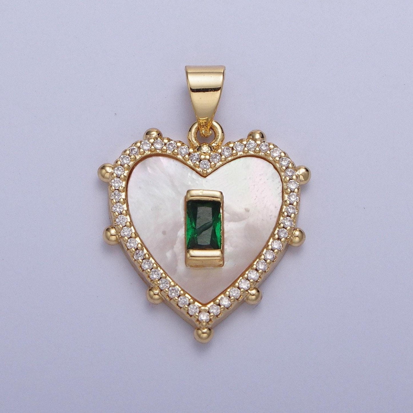 24k gold plated mini heart w. colored baguette cz pendant, love heart micro pave cubic zirconia cz stone beaded edges charm | x-415~x-418