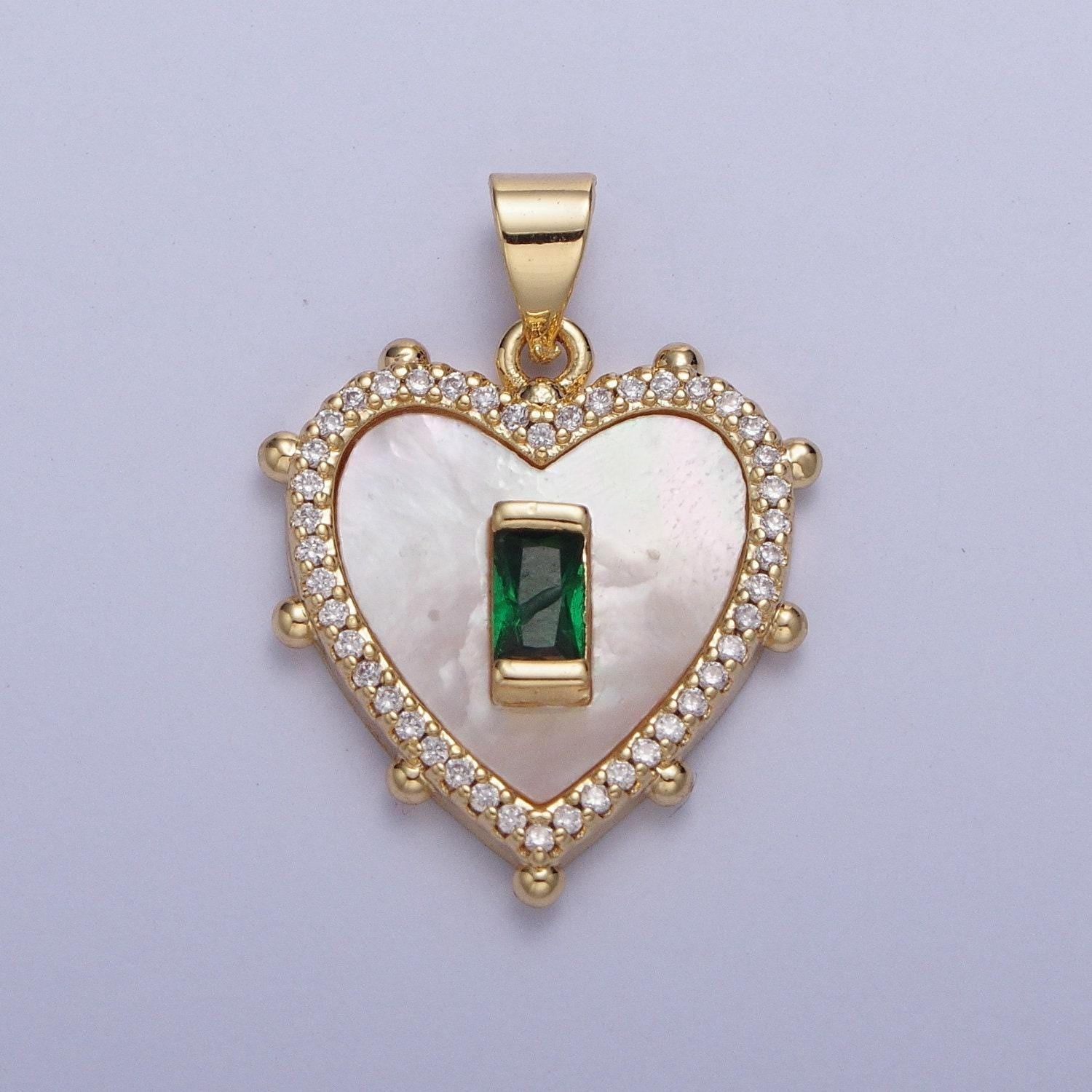 24k gold plated mini heart w. colored baguette cz pendant, love heart micro pave cubic zirconia cz stone beaded edges charm | x-415~x-418