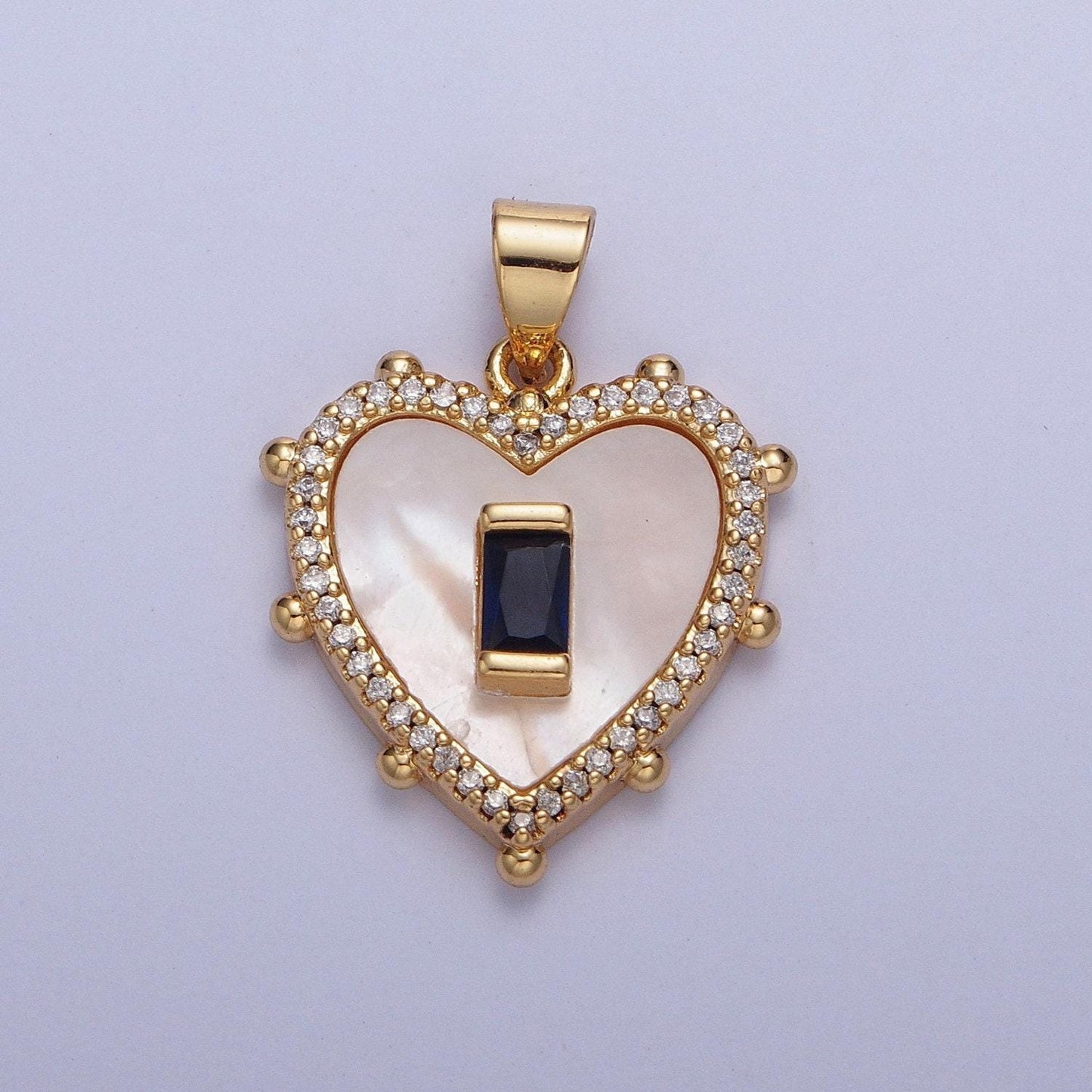 24k gold plated mini heart w. colored baguette cz pendant, love heart micro pave cubic zirconia cz stone beaded edges charm | x-415~x-418