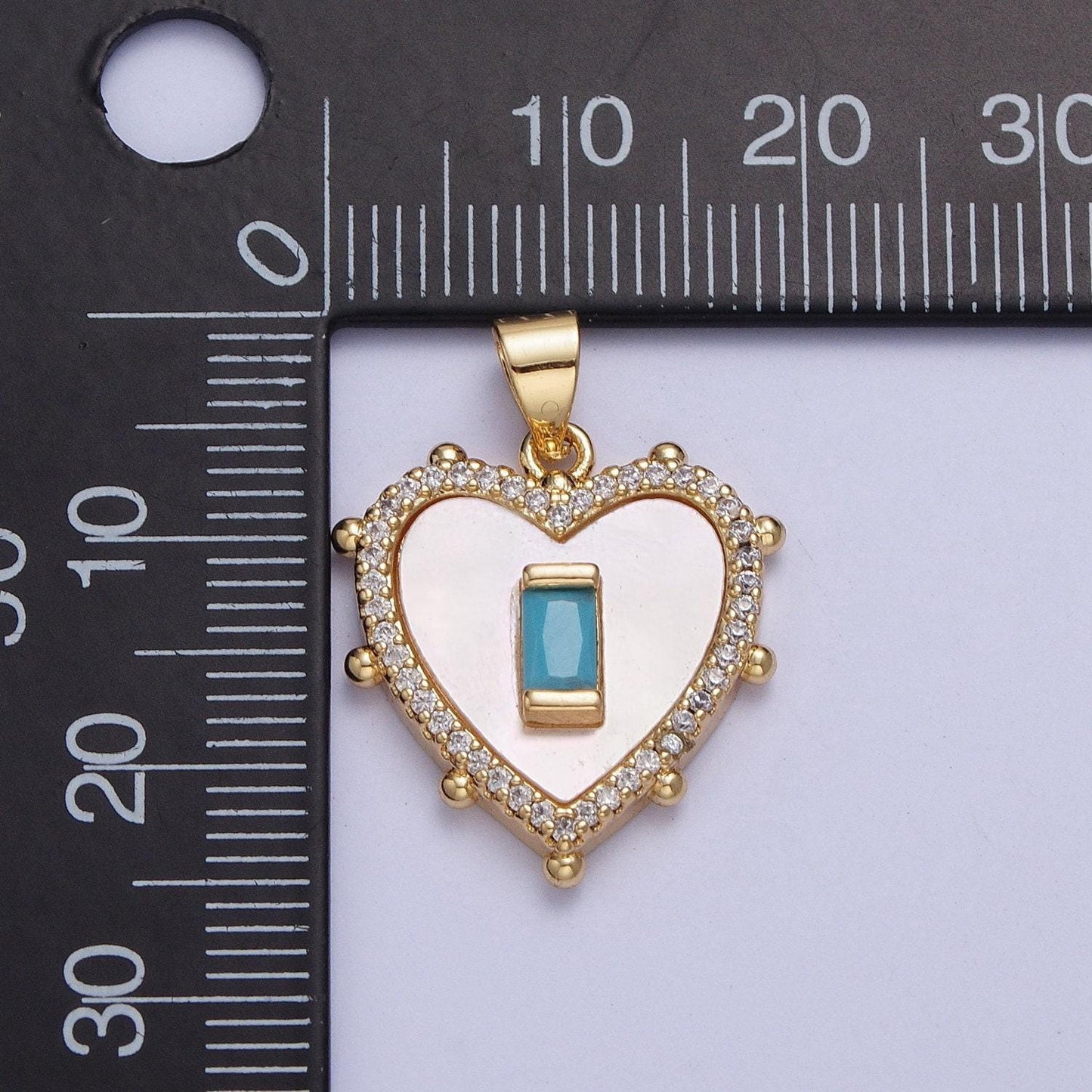 24k gold plated mini heart w. colored baguette cz pendant, love heart micro pave cubic zirconia cz stone beaded edges charm | x-415~x-418