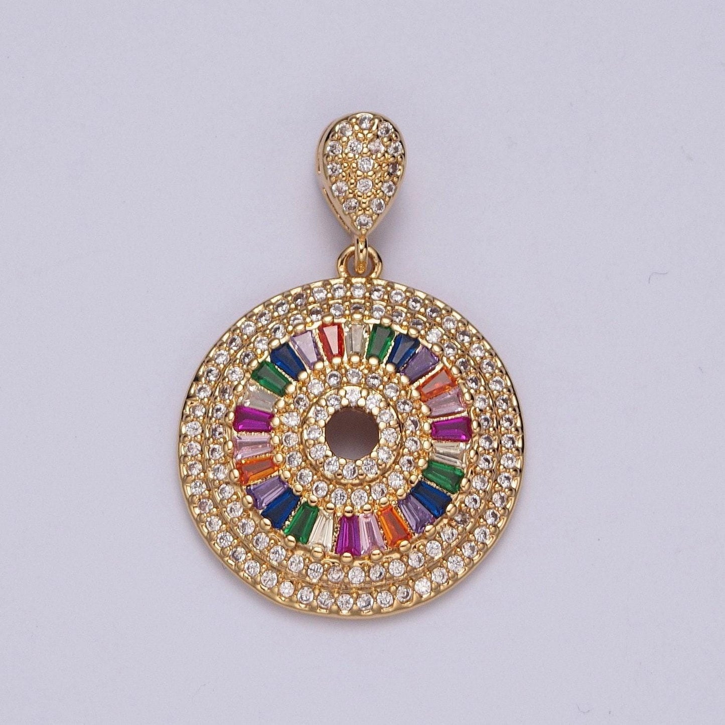 24k gold filled round circular medallion micro pave cz colorful baguette stones pendant, elegant cz stone bail charm | x-407