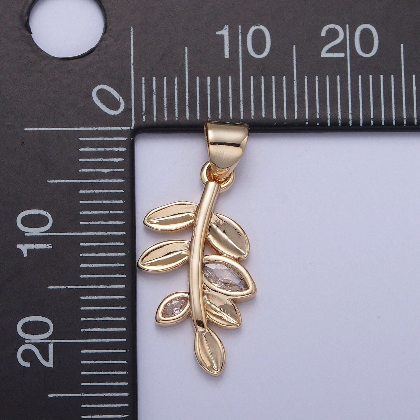 16k gold plated branched down stem leaves charm cz stone minimalist nature plant leaf charm for diy jewelry making | x-396