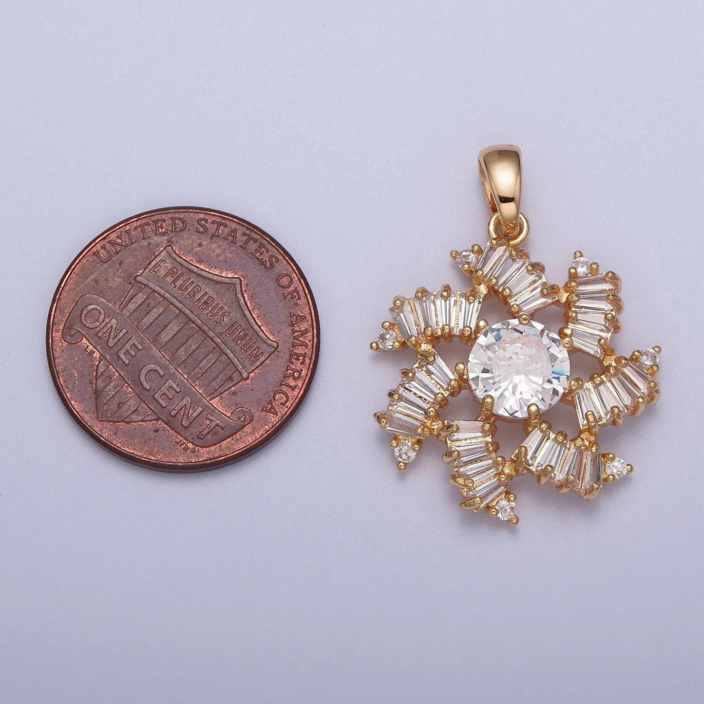 16k gold filled round spiral sunburst flower fan cubic zirconia cz linked baguette stone charm pendant | x-392