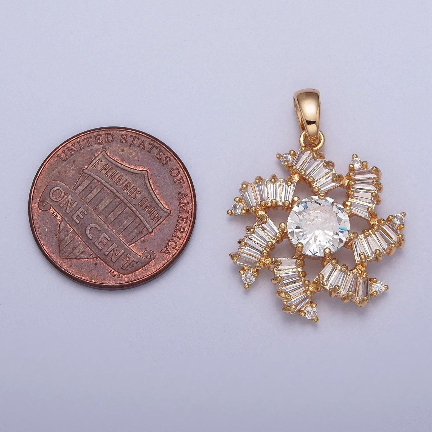 16k gold filled round spiral sunburst flower fan cubic zirconia cz linked baguette stone charm pendant | x-392