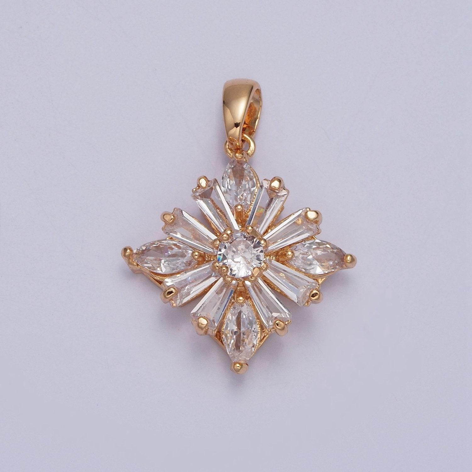 Dainty gold filled flower diamond charm florette micro pave cubic zirconia cz baguette stones pendant for necklace earring bracelet | x-390