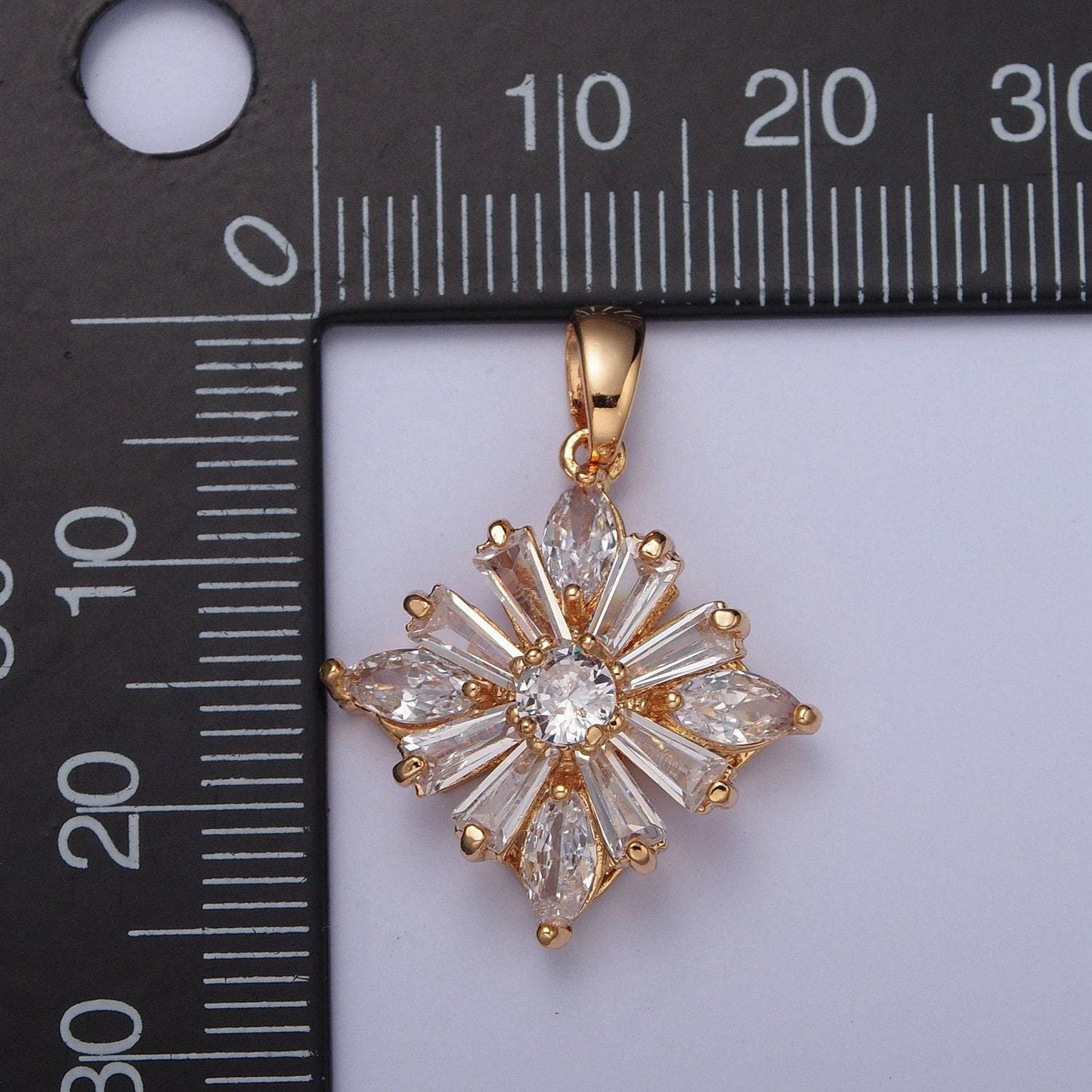 Dainty gold filled flower diamond charm florette micro pave cubic zirconia cz baguette stones pendant for necklace earring bracelet | x-390
